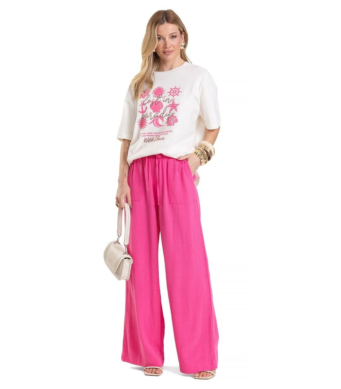 Vista 2 Calça Pantalona Feminina em Linho Dianna rosa rosa