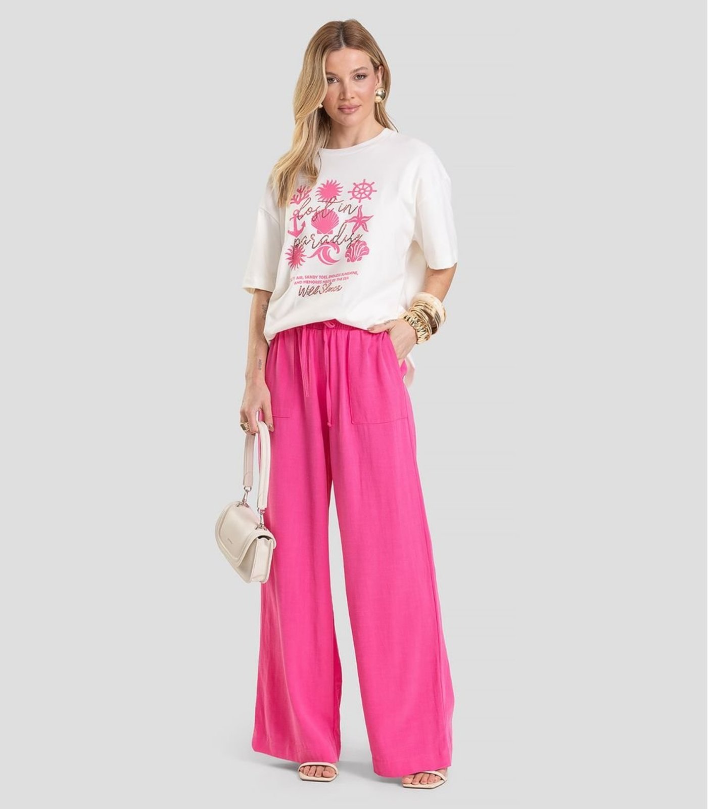 Vista 3 Calça Pantalona Feminina em Linho Dianna rosa rosa