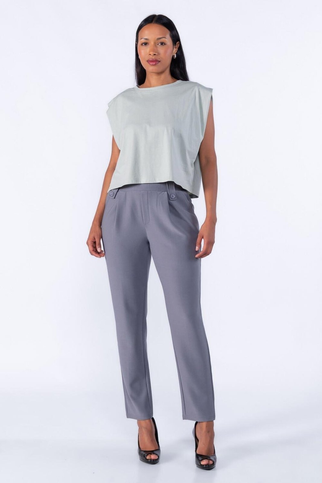 Calça Elástico no Cos com Pregas Cinza