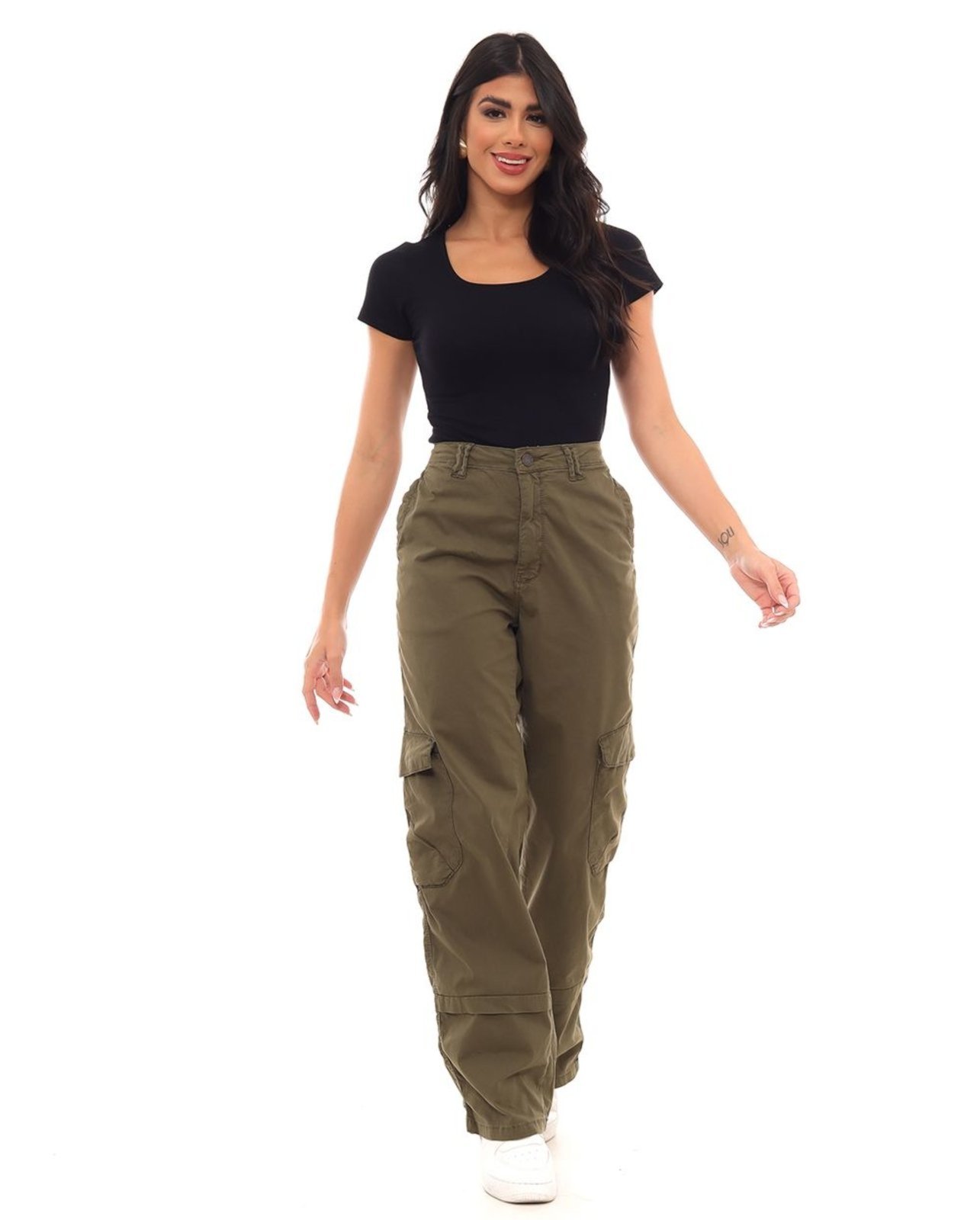 Calça Sarja Wide Leg Feminina Cintura Alta Bolso Cargo 22969 Verde Militar Consciência