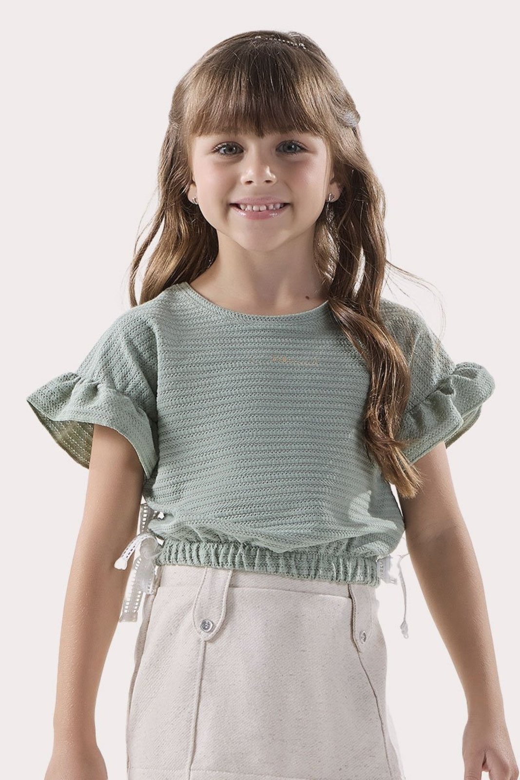 Infantil - Blusa Verde em Malha com Textura e Renda Italiana