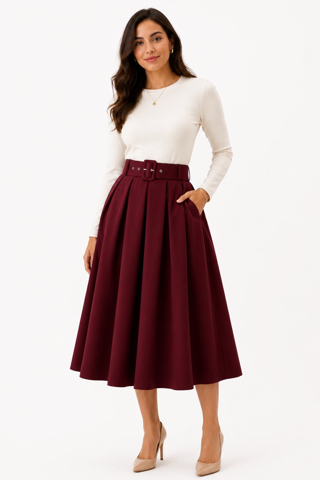 Saia Midi Evasê D Bell Outlet Fashion Cinto Encapado Vinho