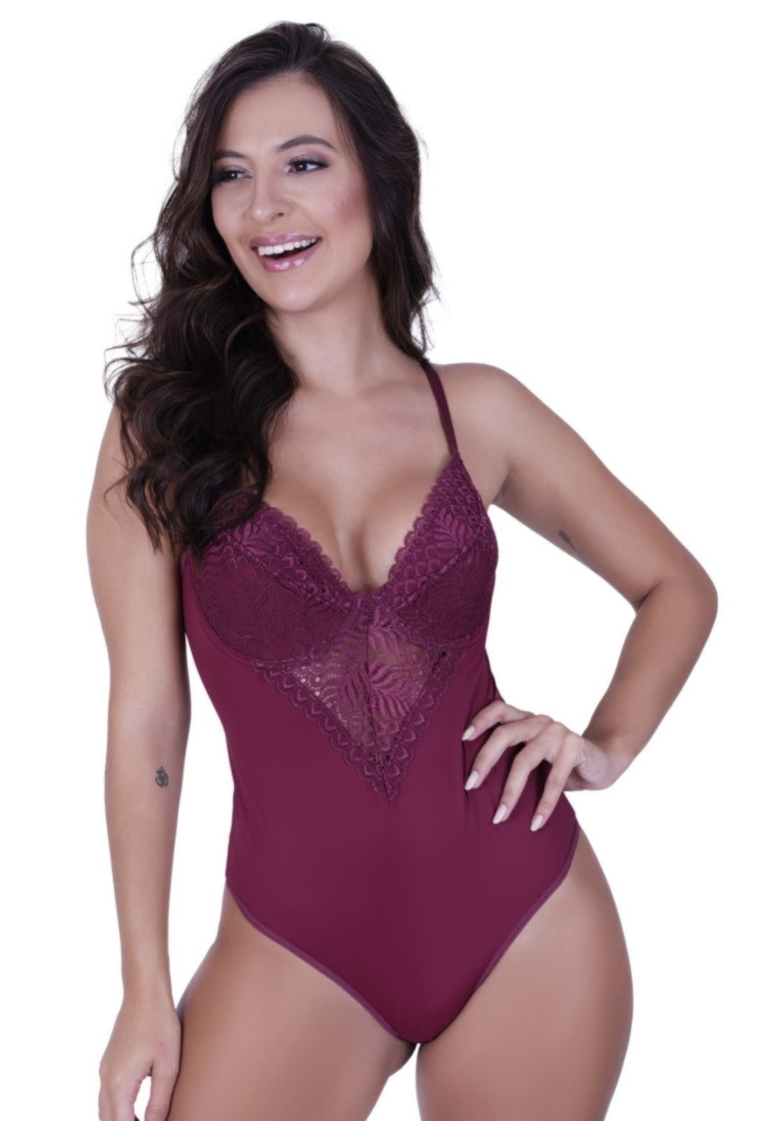 Body com Detahe de Renda Bore Adulto Feminino Terra e Mar Vinho