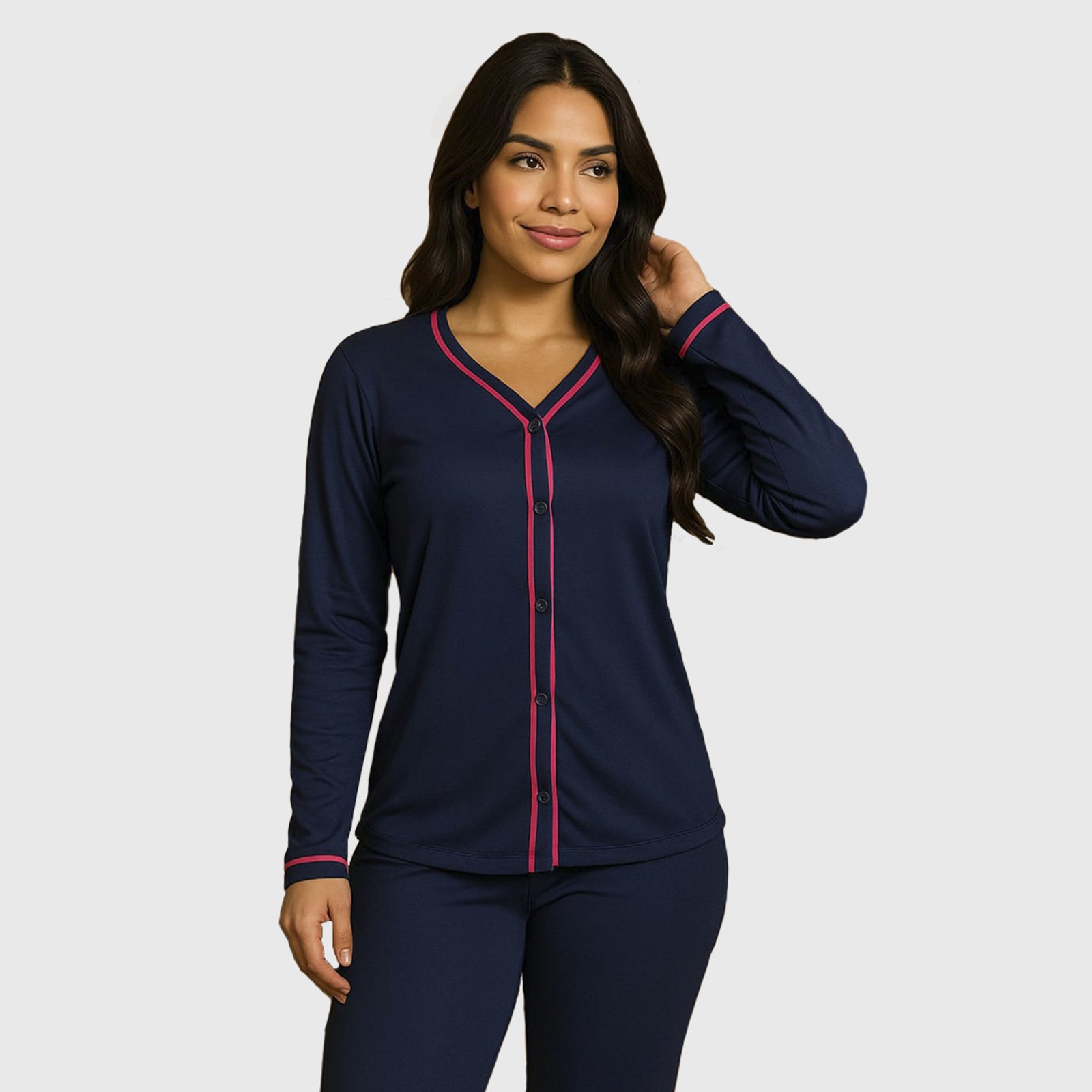 Pijama Blogueira Tetê Variedades Manga Longa Feminino Confortável Moda Casual Básico Azul Marinho