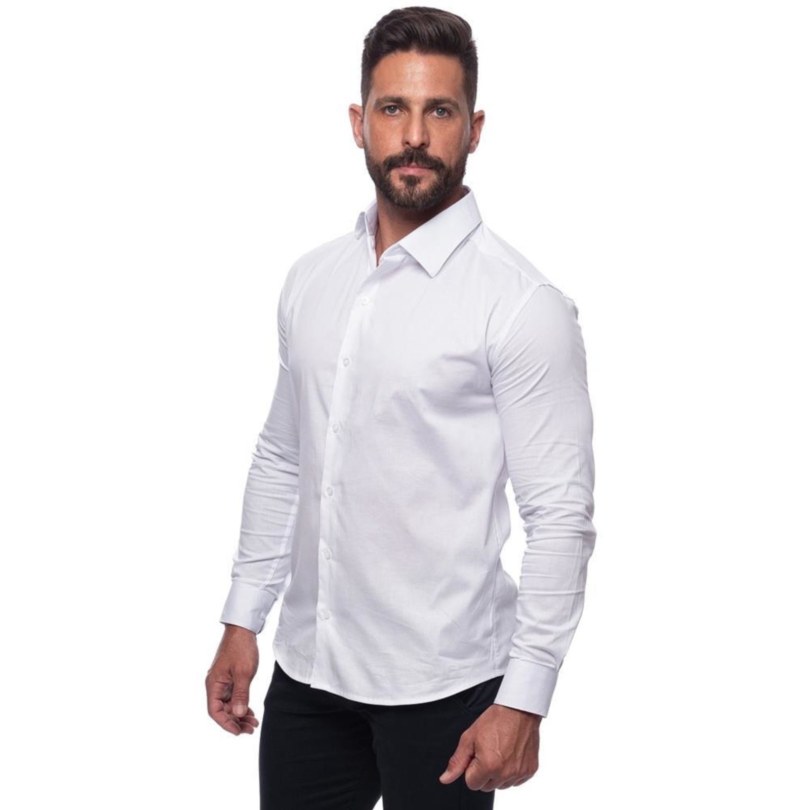 Camisa Masculina Slim Manga Longa Lisa Acetinada Social Azul Claro G Branco