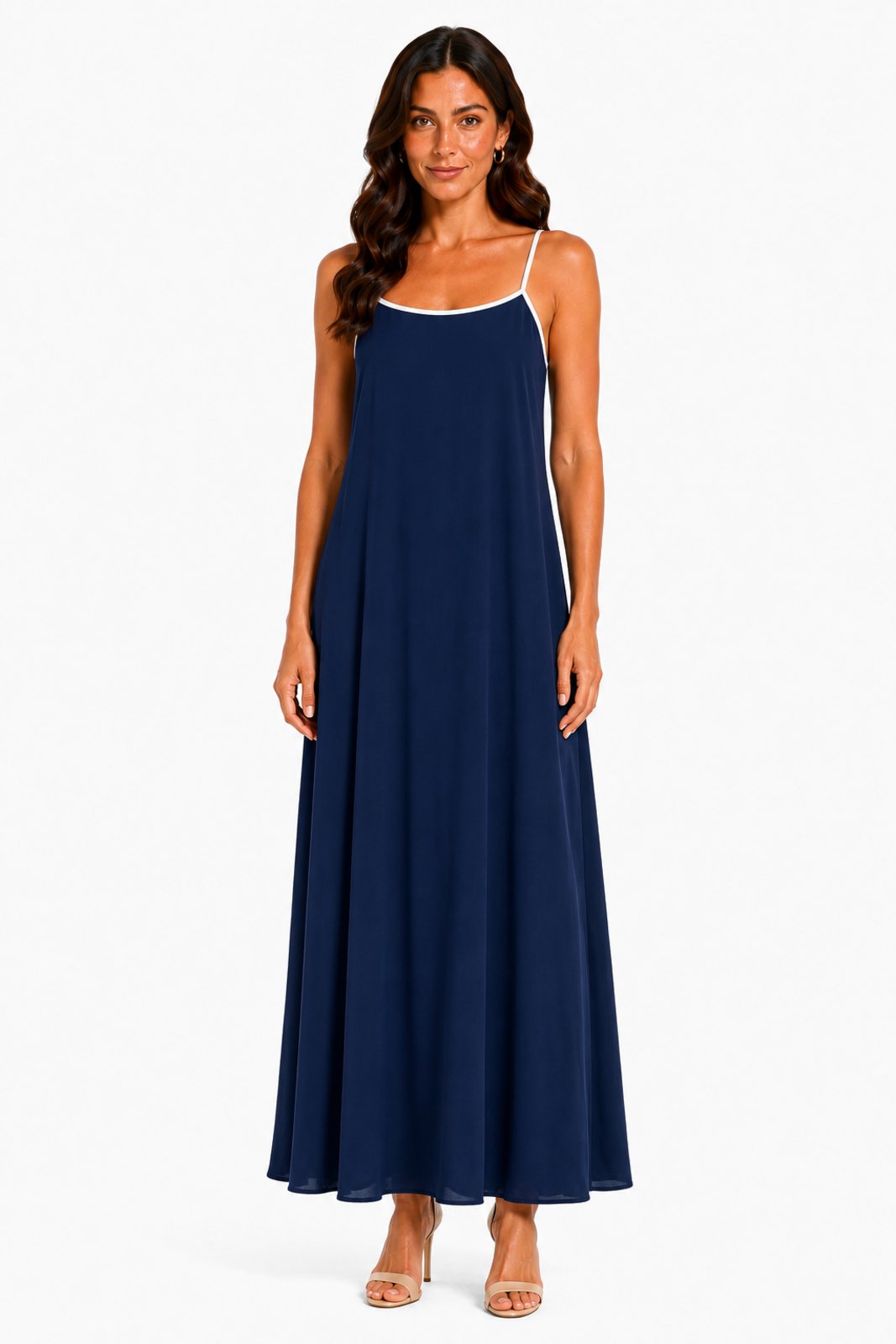 Vestido Longo D Bell Outlet Fashion Alças Finas Azul Marinho