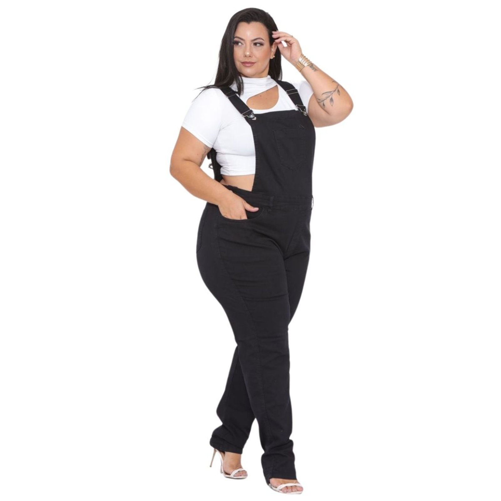Macacão Jardineira Feminino Plus Size Preto Alleppo Jeans