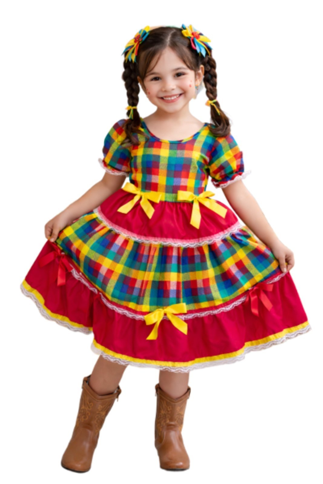 Infantil - Vestido Xadrez Junino Vermelho Amarelo Festa Junina Caipira Quadrilha Laço Sinhá São João