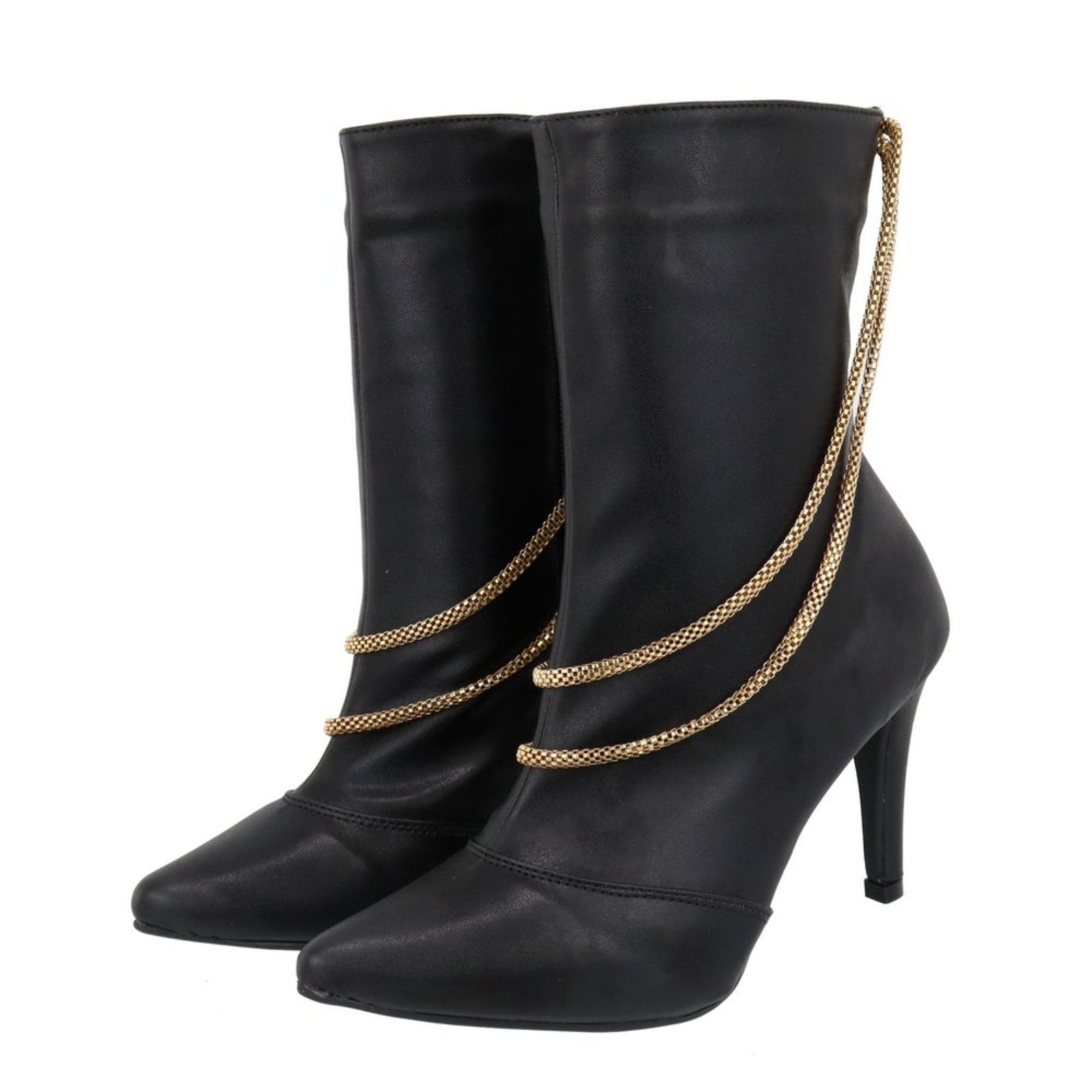 Bota Feminina Bico Fino Salto Alto Fino Detalhe Corrente Dourada 1794