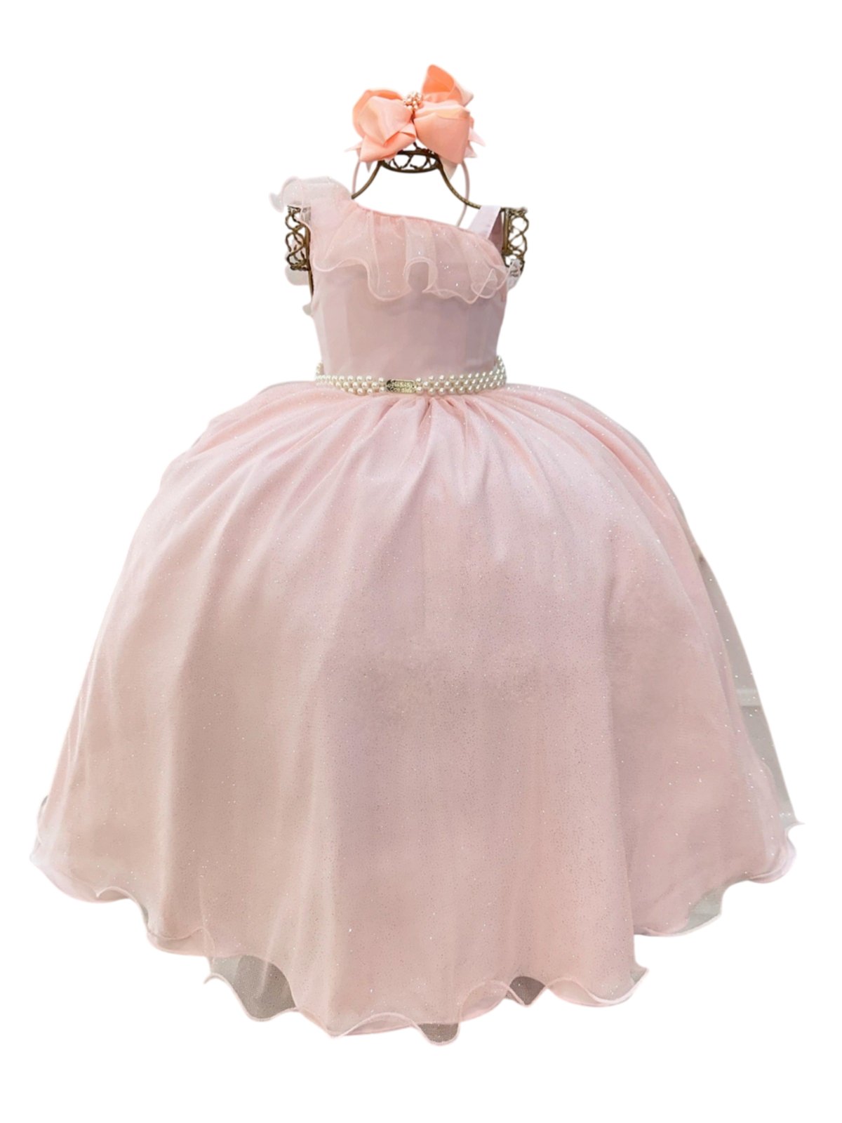 Infantil - Vestido Longo Festa Formatura Rosa Claro Rosé Pêssego Brilho Casamento Dama Daminha Social Menina Juvenil Juvenil Princesa Rodado Aniversário Luxo