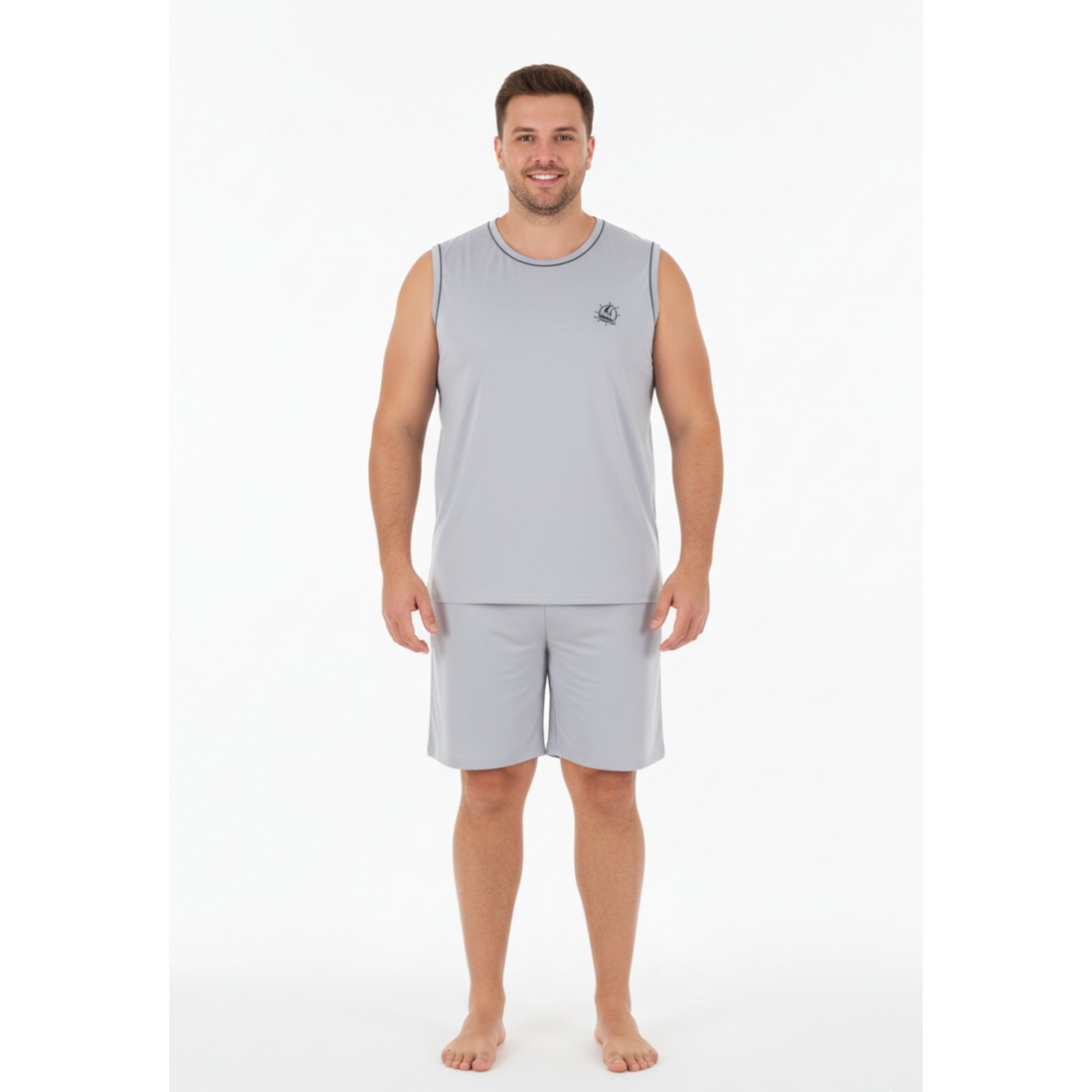Pijama Regata Masculino Plus Size Adulto Curto Verão Malha Fria Calor Sem Manga G1 G2 G3 G4 48 50 52 54 Conforto Gola V Homen Mechler Cinza