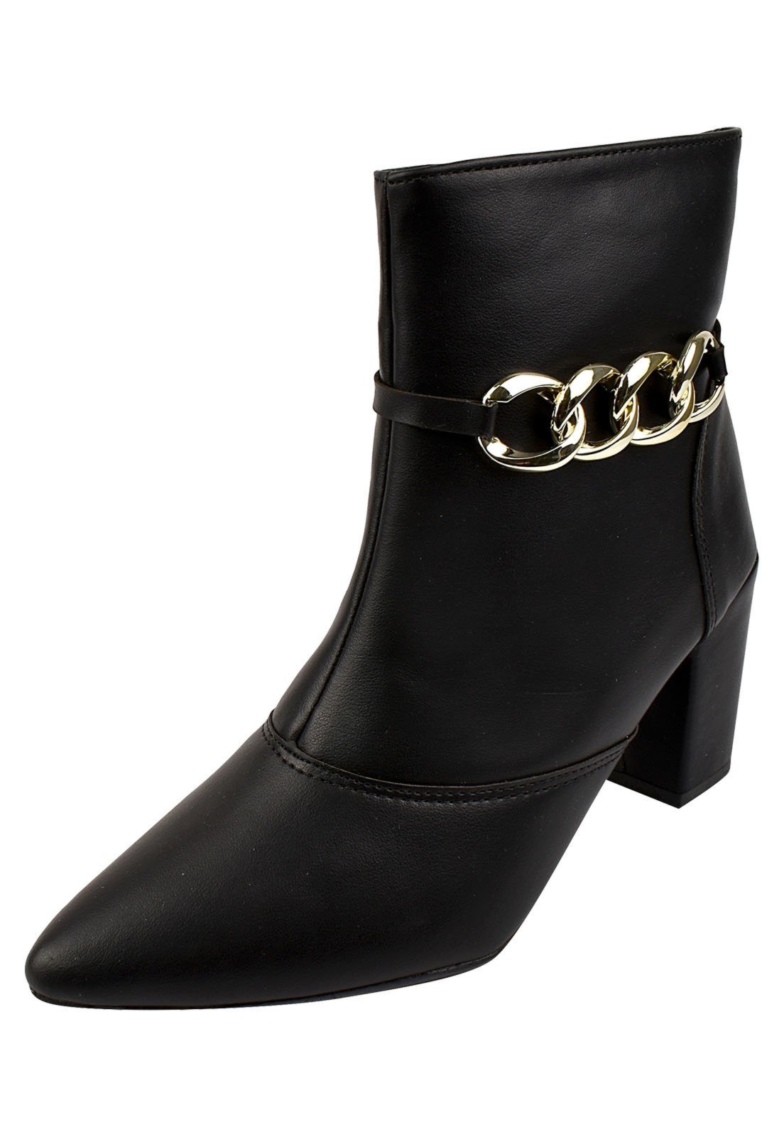 Bota Cano Curto ROSA CHIC CALÇADOS Bico Fino Salto Baixo Coturno Zíper Feminino Enfeite Removível Corrente Preto