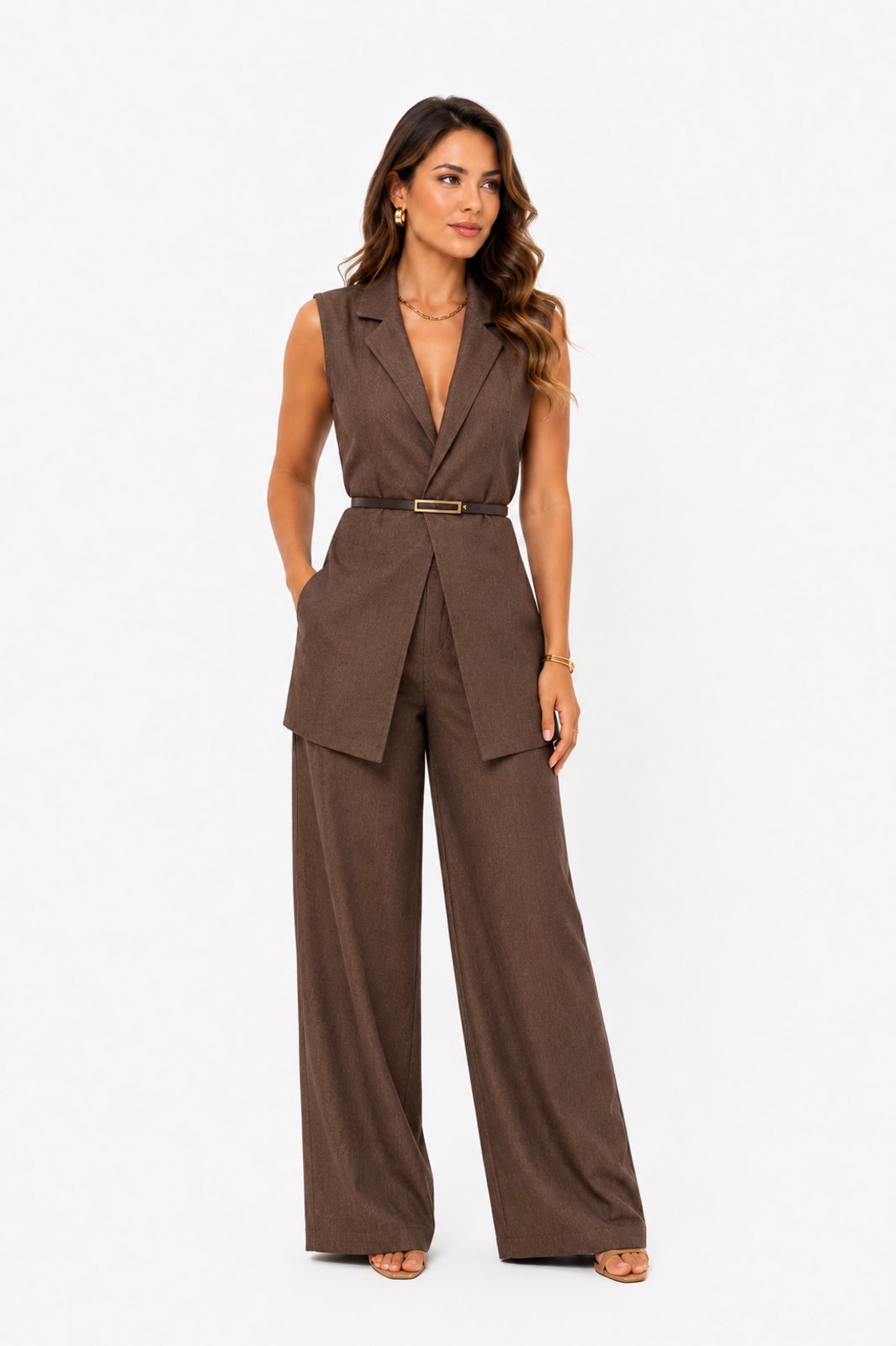 Conjunto Feminino D Bell Outlet Fashion Alfaiataria Marrom