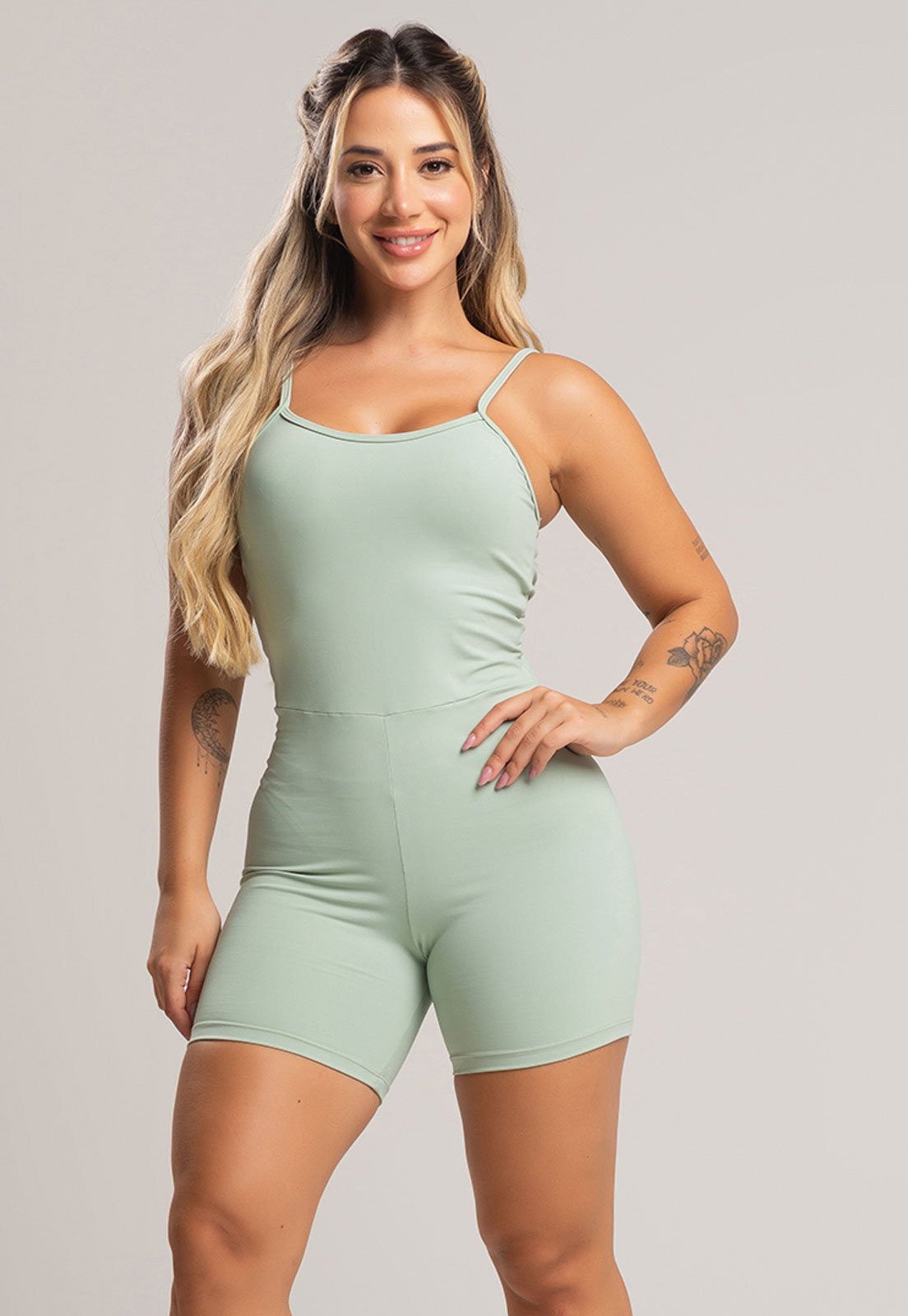 Macaquinho Fitness MVB Modas Alcinha Costas Nua Poliamida Pistache