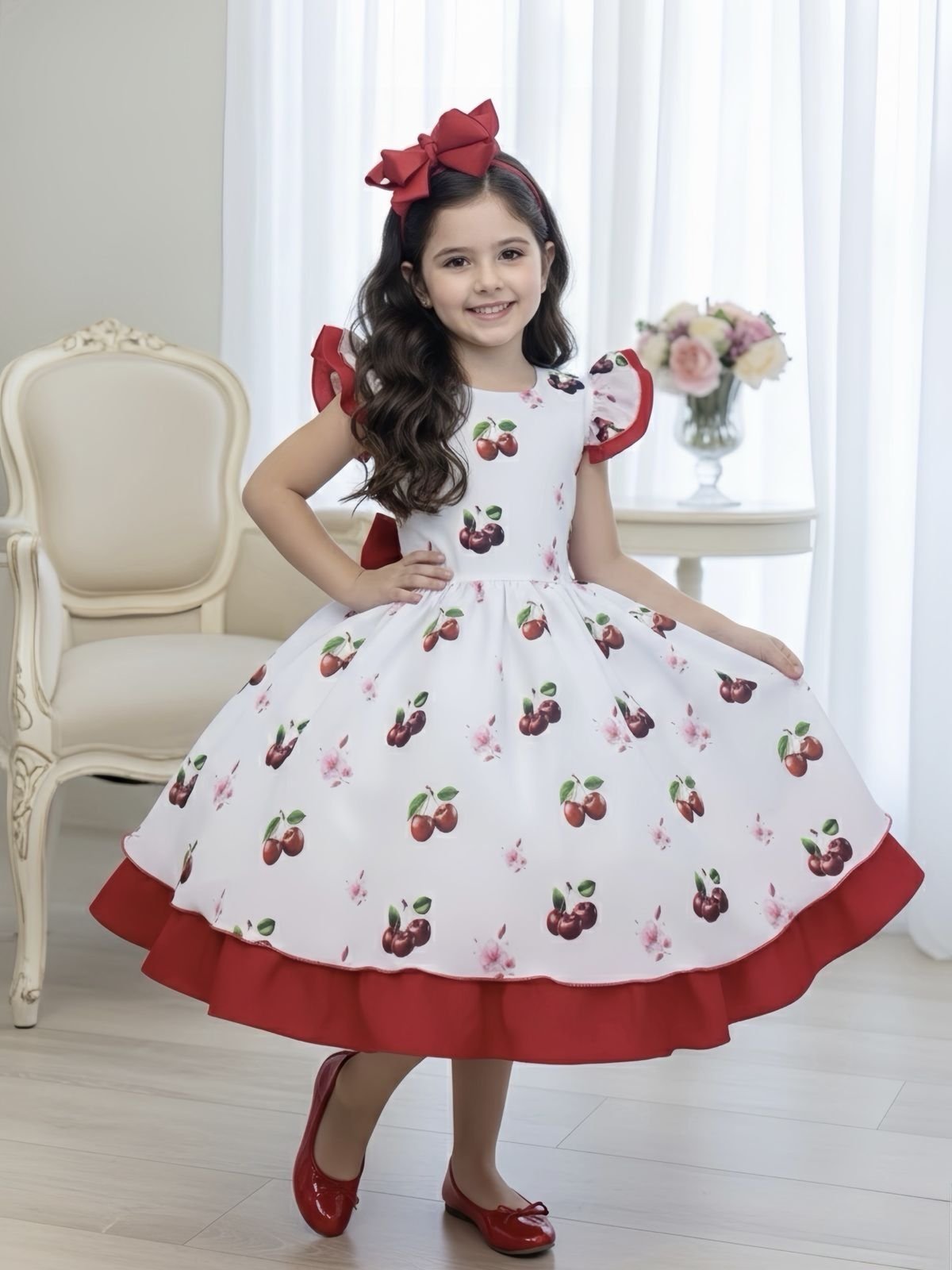 Infantil - Vestido Festa Branco Vermelho Cereja Cerejinhas Passeio Formatura Casamento Dama Daminha Social Menina Princesa Rodado Aniversário Luxo