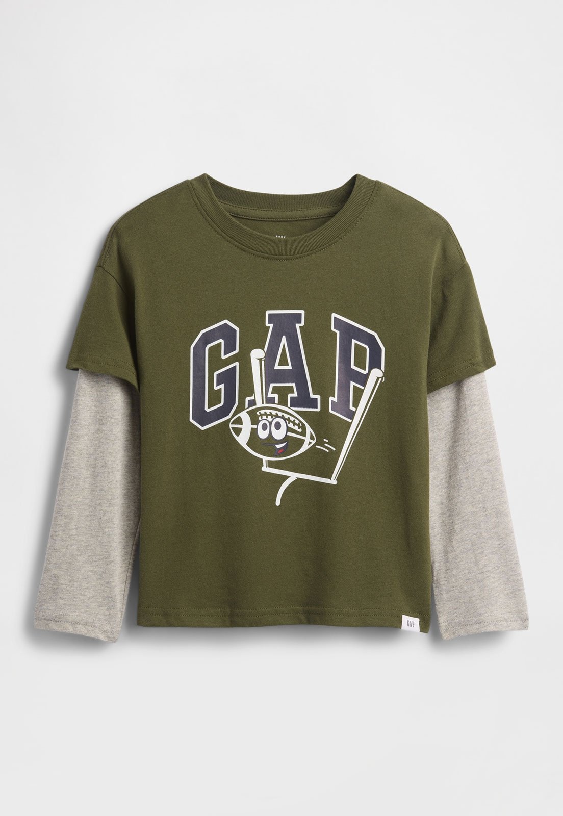 Camiseta GAP Sobreposição Esportiva Verde Oliva e Cinza Mescla