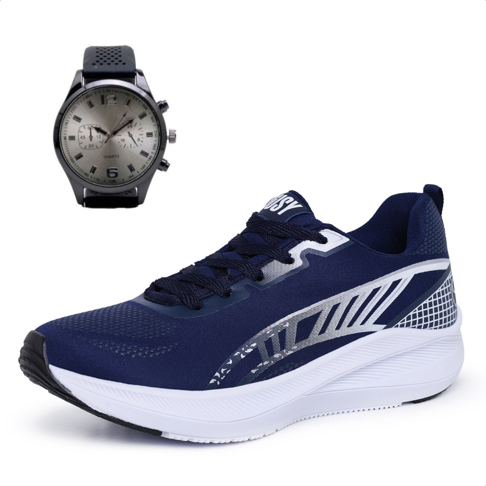 Tênis Masculino Esportivo Izabella Helena Treino Academia Caminhada Fitness Leve Confortável + Relógio Azul Marinho