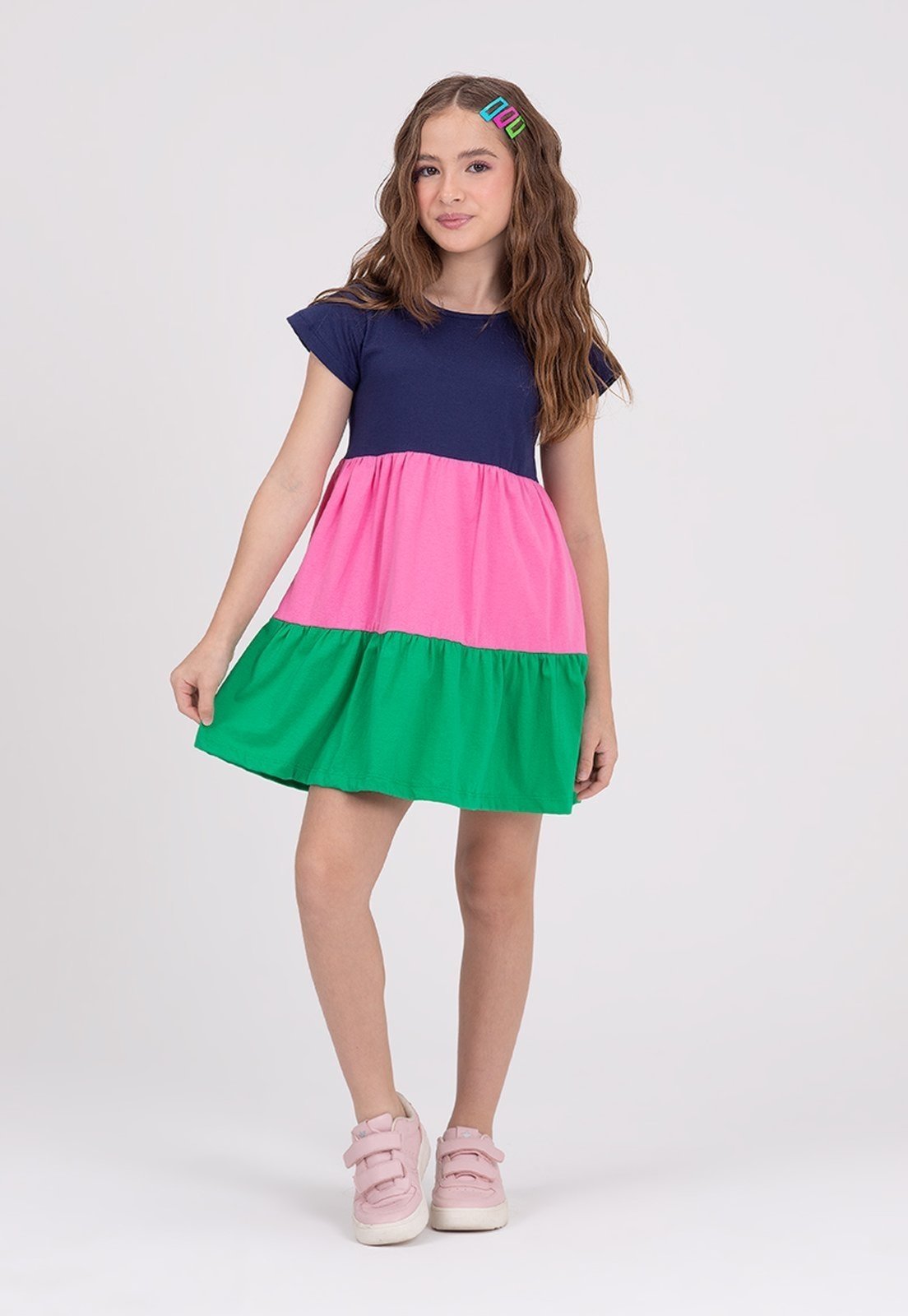 Infantil - Vestido Evasê Camadas Bordado Marinho