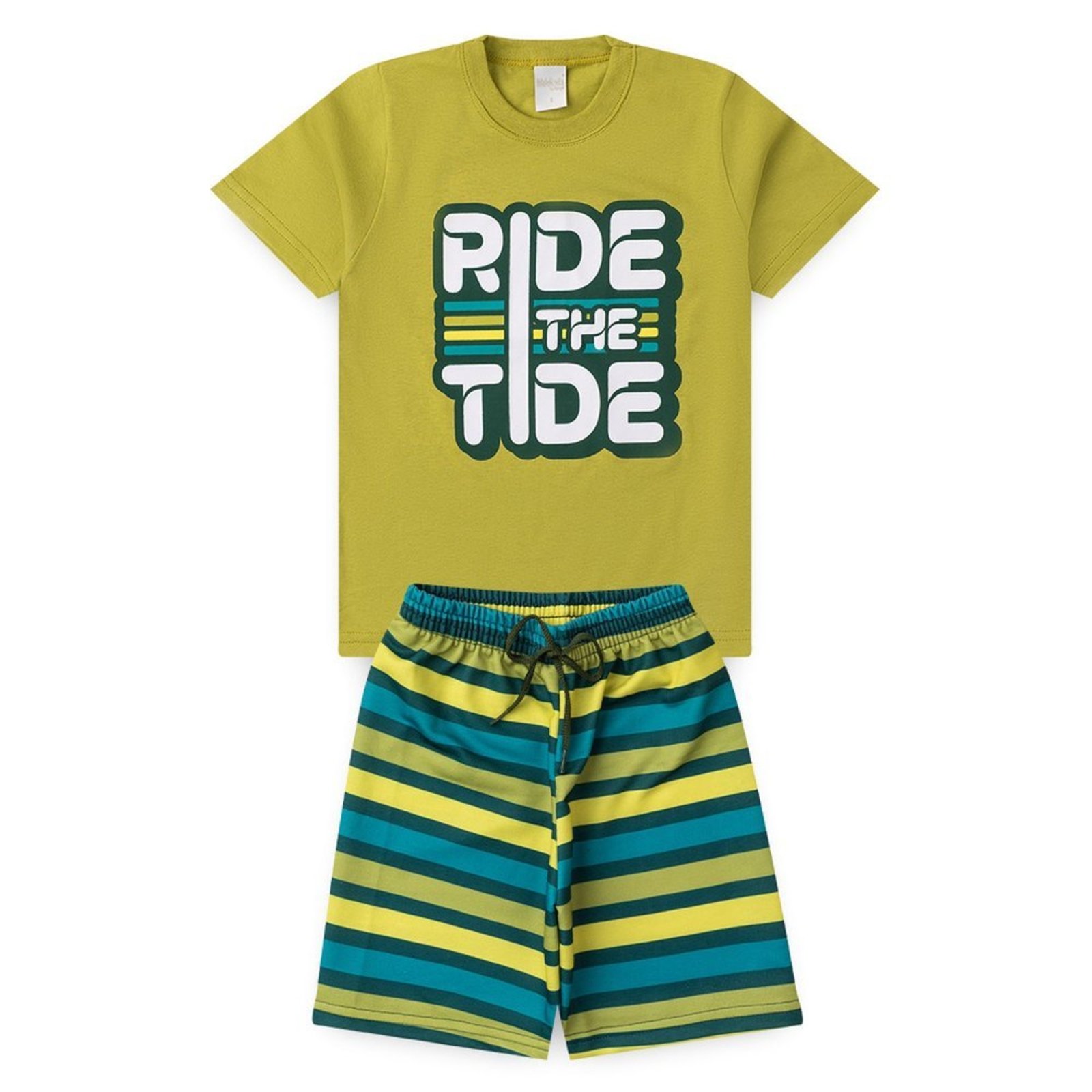 Infantil - Conjunto Verão Menino Verde Camiseta e Bermuda Listras