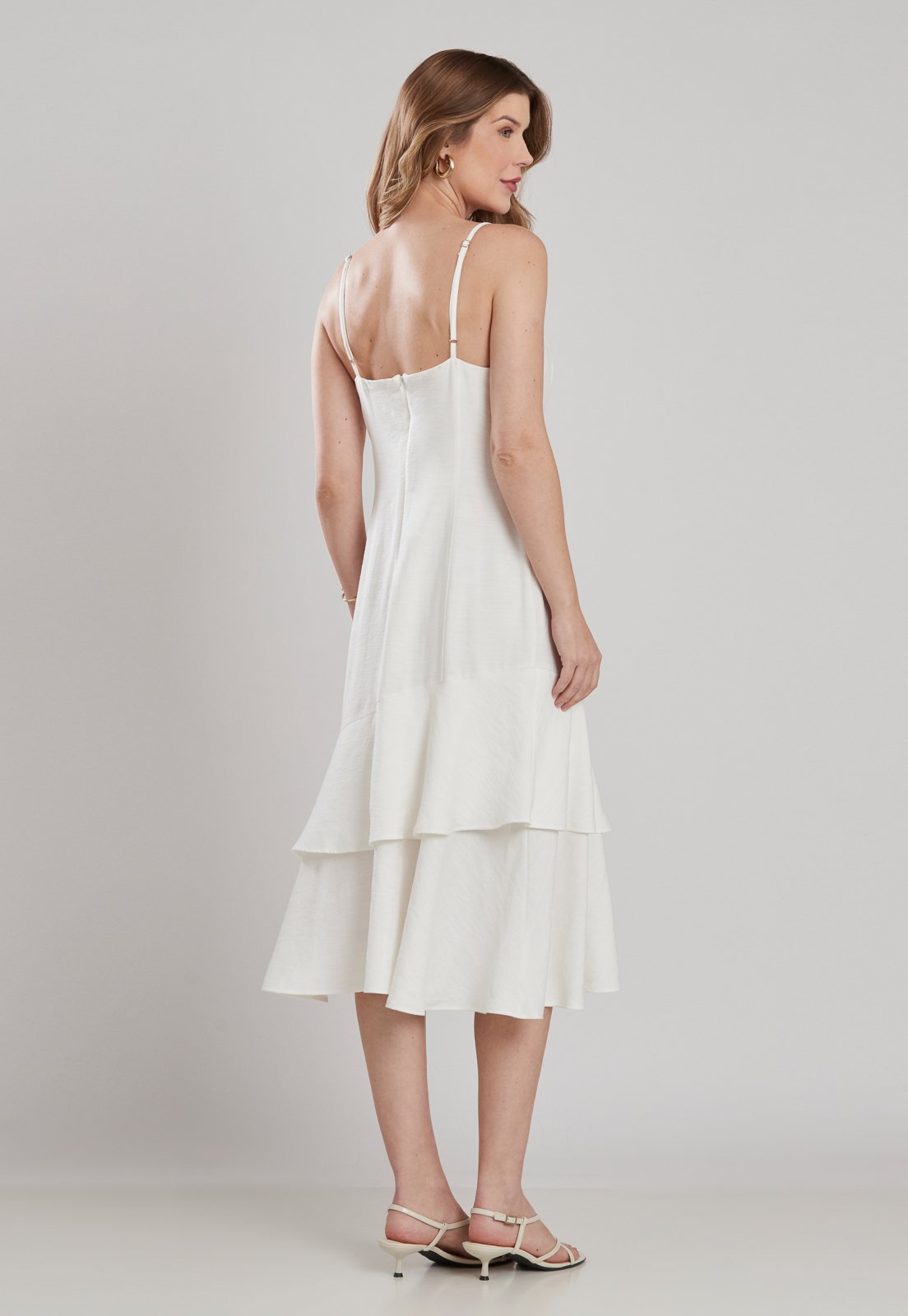 Vista 3 Vestido Midi Forrado Miss Joy 8481 Alcinha Babados Off MISS BY JOY branco/off-white MISS BY JOY branco/off-white