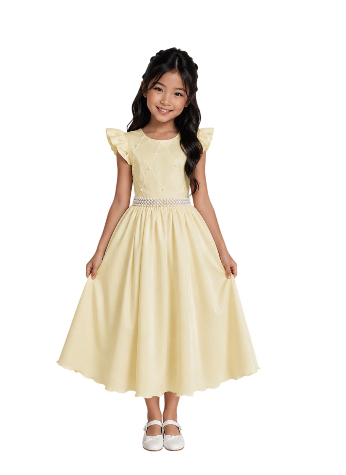 Infantil - Vestido Longo Social Amarelo Manteiga Festa Formatura Casamento Pérolas Dama Daminha Menina Juvenil Juvenil Princesa Rodado Florista Aniversário Luxo