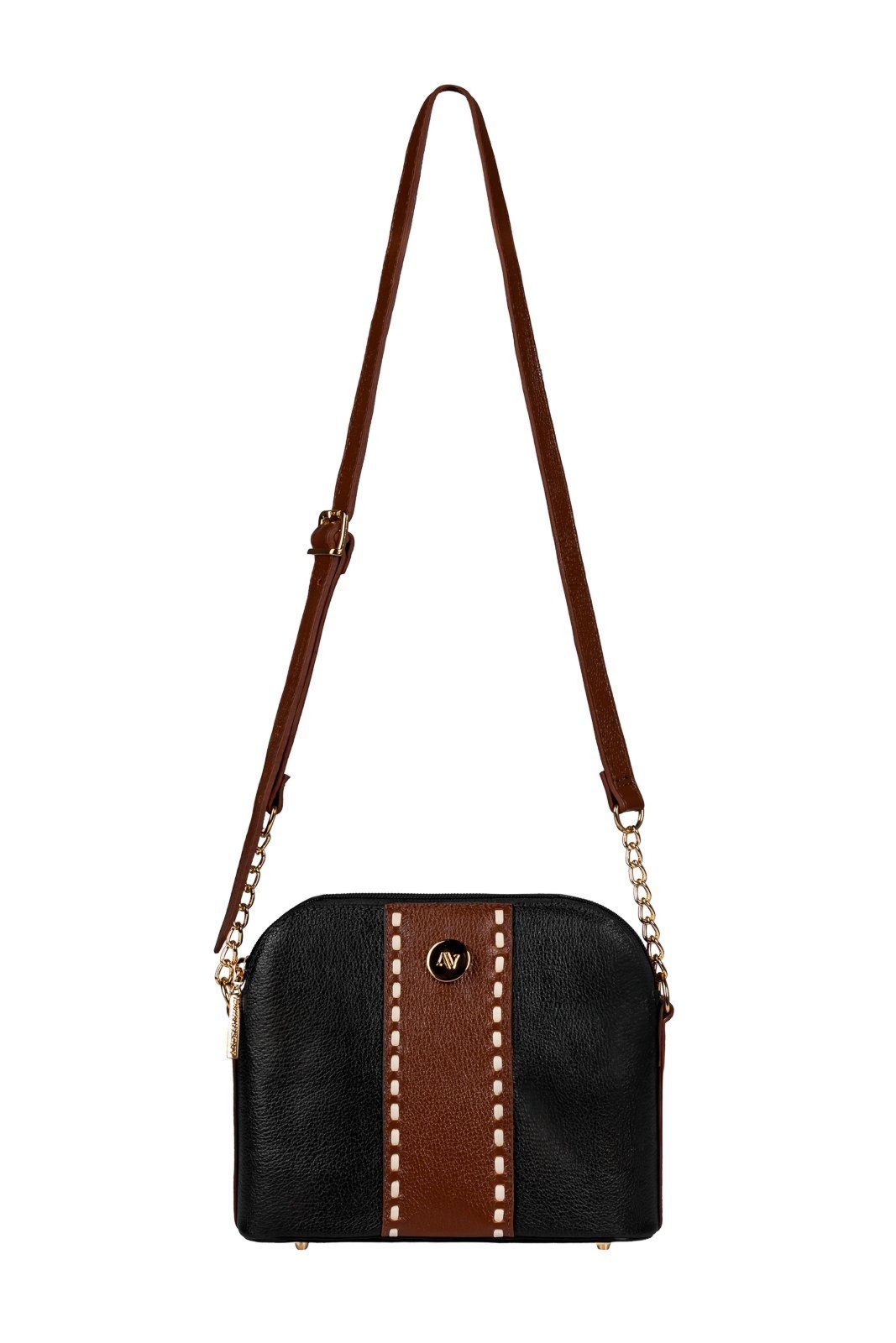 Bolsa transversal detalhe alça corrente couro liso Pérola - Preto/Whisky