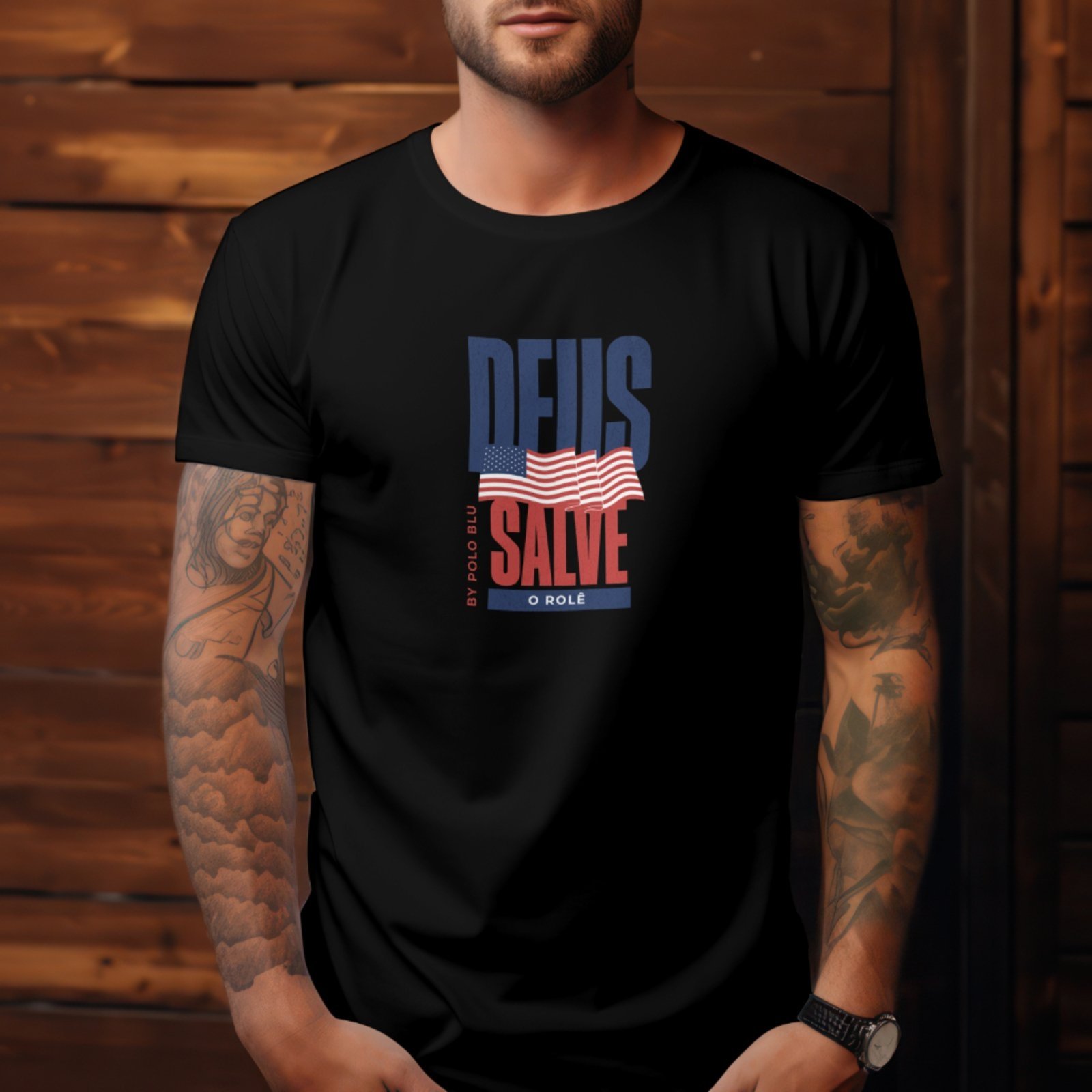 Camiseta Masculina Casual Estampada Polo Blu em Algodão Preta do P ao G1