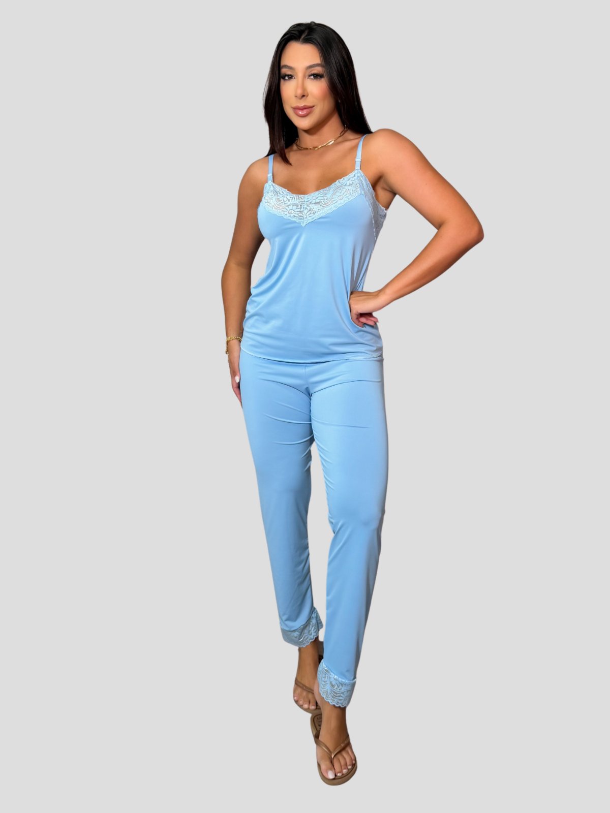 Pijama Calça Comprida e Blusa Alcinha Tecido Confortável Feminino Azul