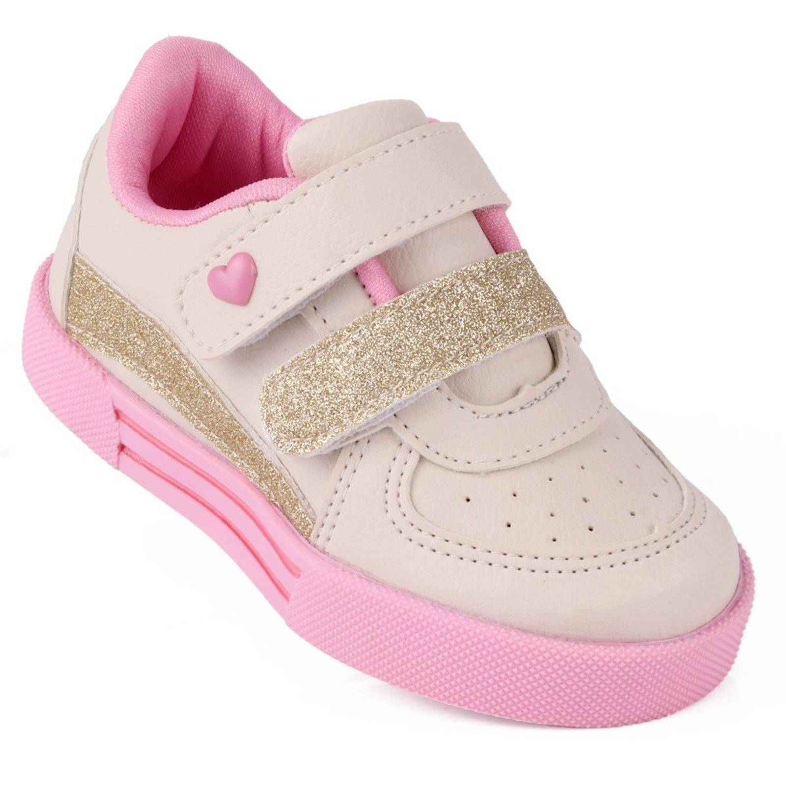 Infantil - Tênis Menina Bee Happy Nina Nude e Rosa com Glitter