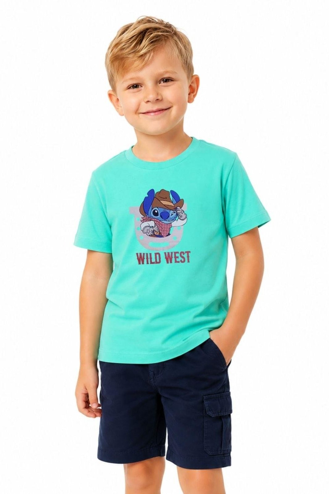 Infantil - Camiseta Menino Disney Cowboy Stitch Alphabeto Verde