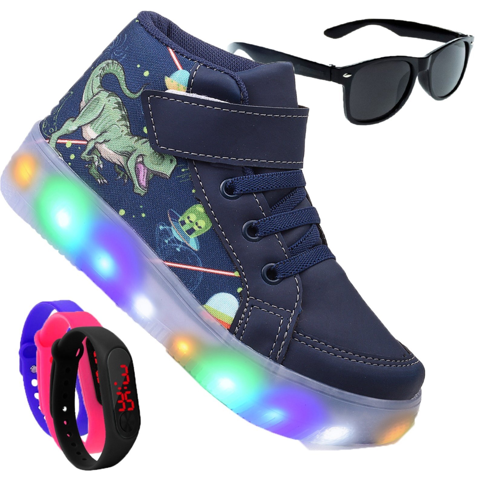 Infantil – Kit Tênis De Led Botinha Dinossauro Meninos Óculos e Relógio