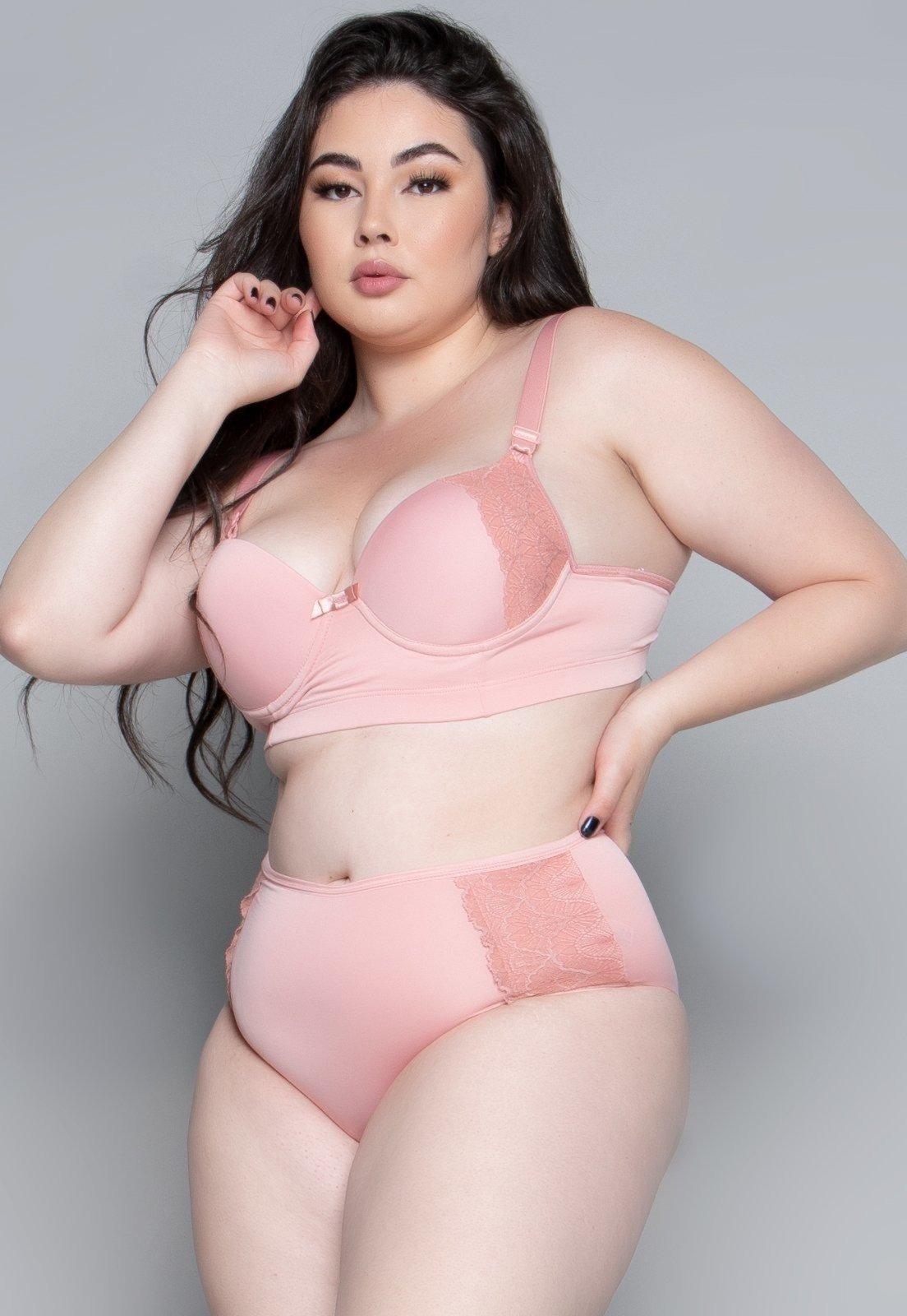 Conjunto Lingerie Bella Fiore Modas Plus Size Luxo Com Bojo Rosa Claro