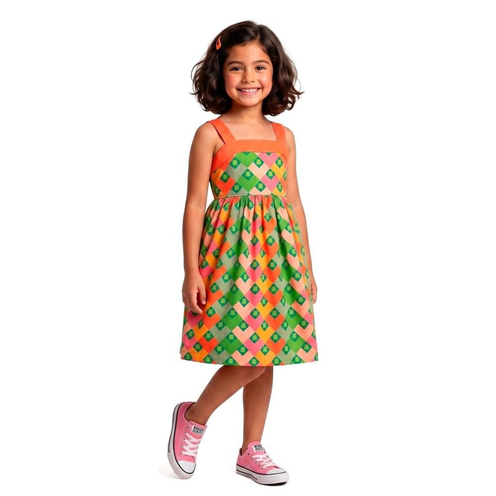 Infantil - Vestido Cantinho do Sapo Verde e Laranja Alphabeto