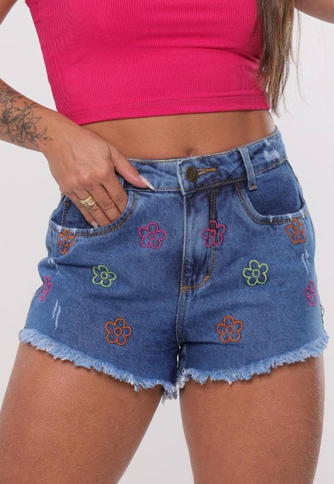 Short Feminino Yellow Jeans Cintura Alta Estilosa Estampa Flores Lavagem Clara