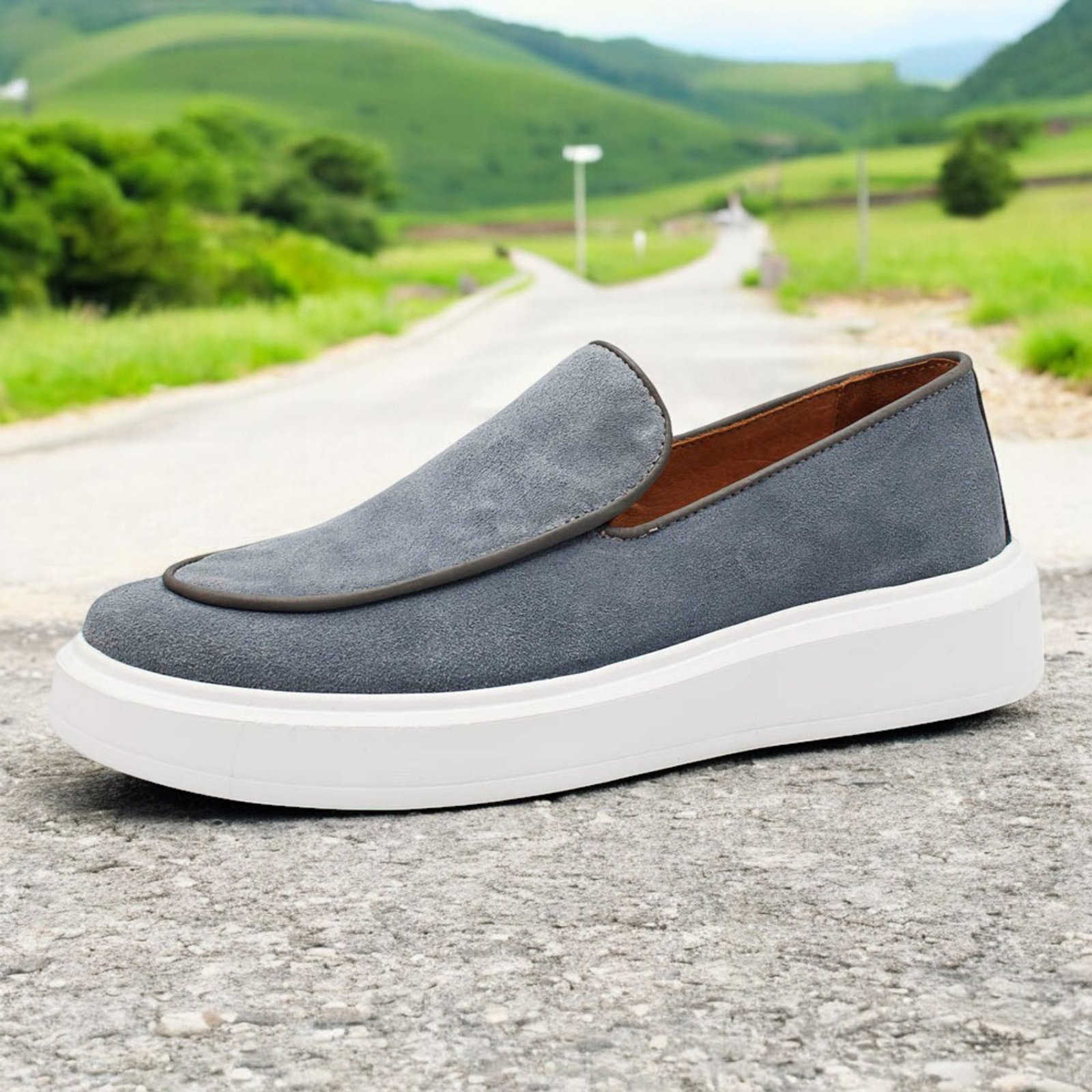 Loafer Masculino em Couro Forrado em Couro Com Palmilha em Couro Casual Cinza
