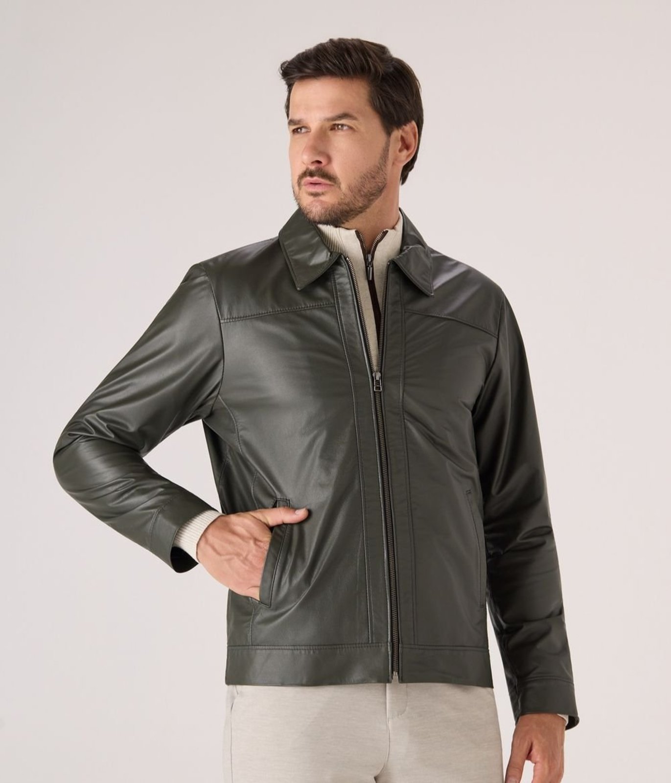 Jaqueta Makenji Couro Masculina Verde Musgo