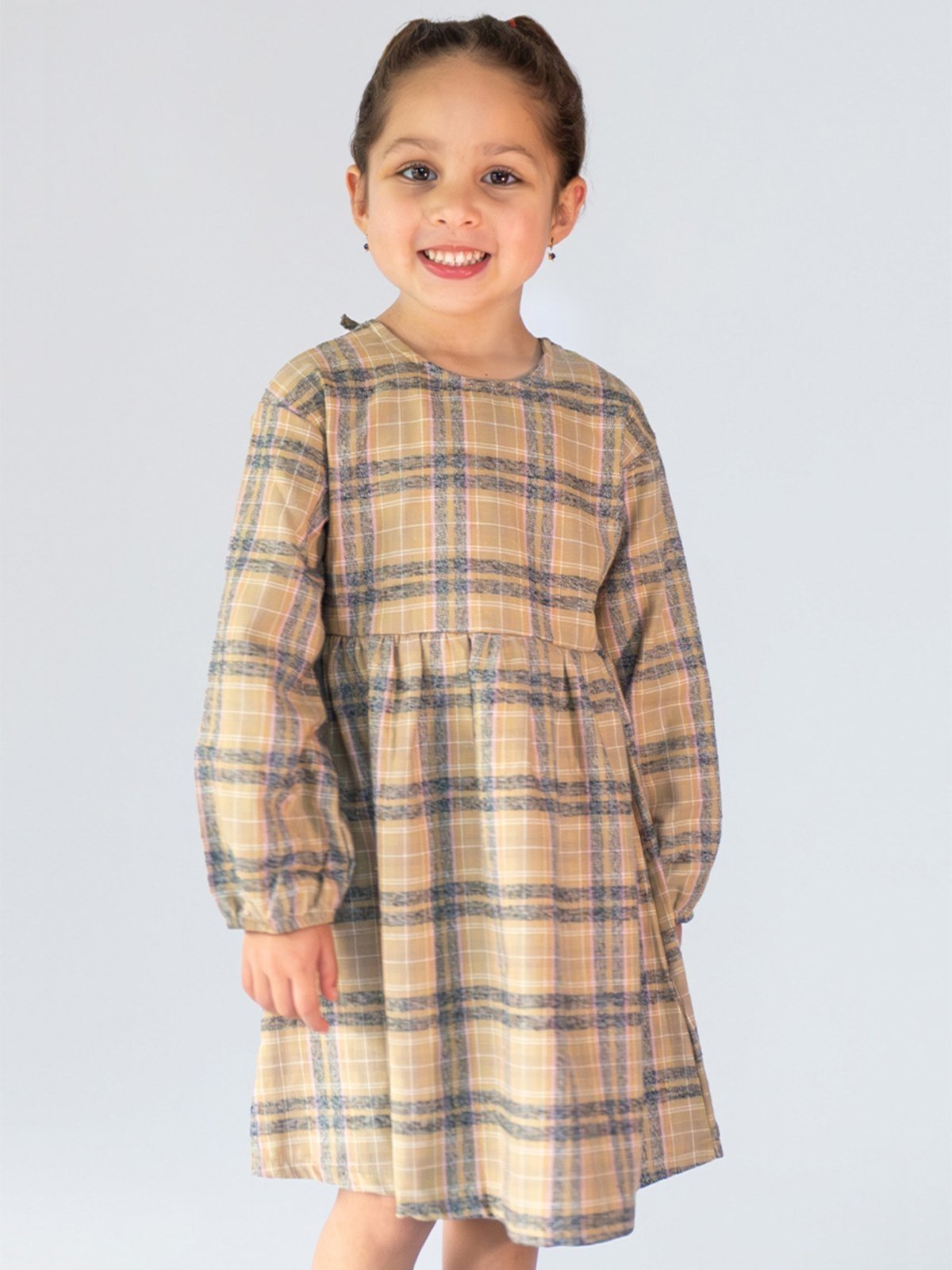 Infantil – Vestido Bugbee em Tecido Flanelado Xadrez Bege