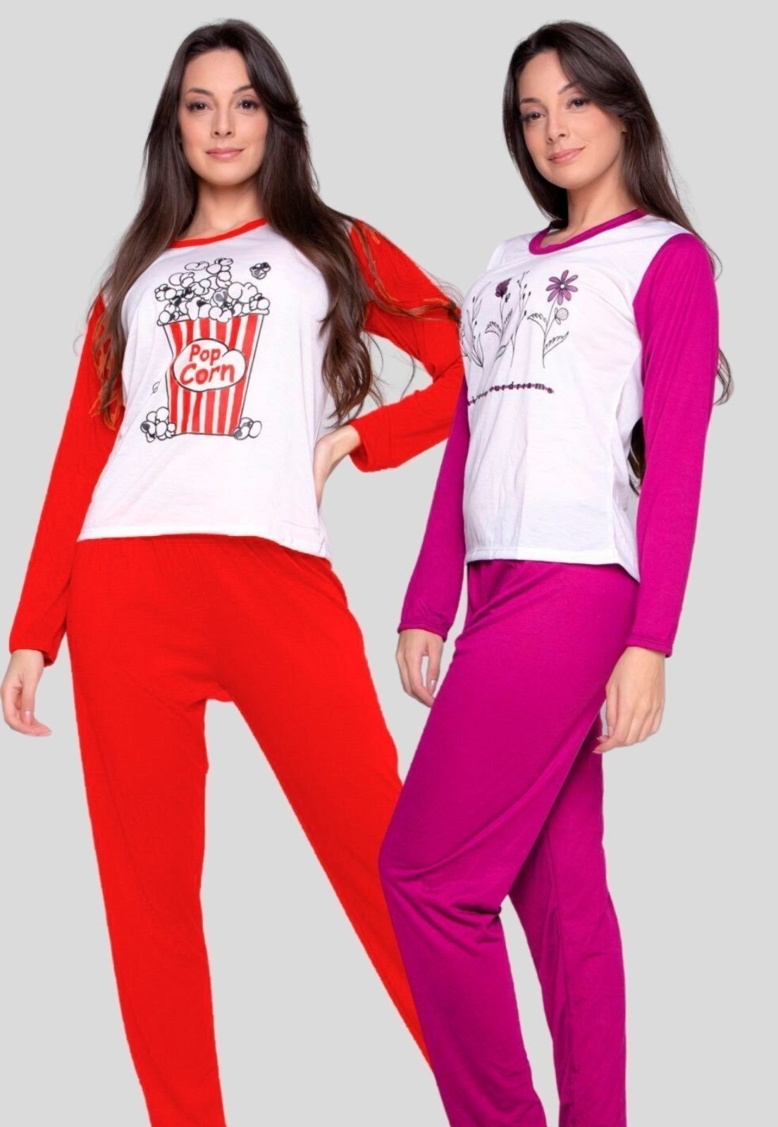 Kit Serra e Mar Modas 2 Pijamas Comfort Longo Malha Estampado Feminino Inverno Blusa e Calça Pink/Vermelho