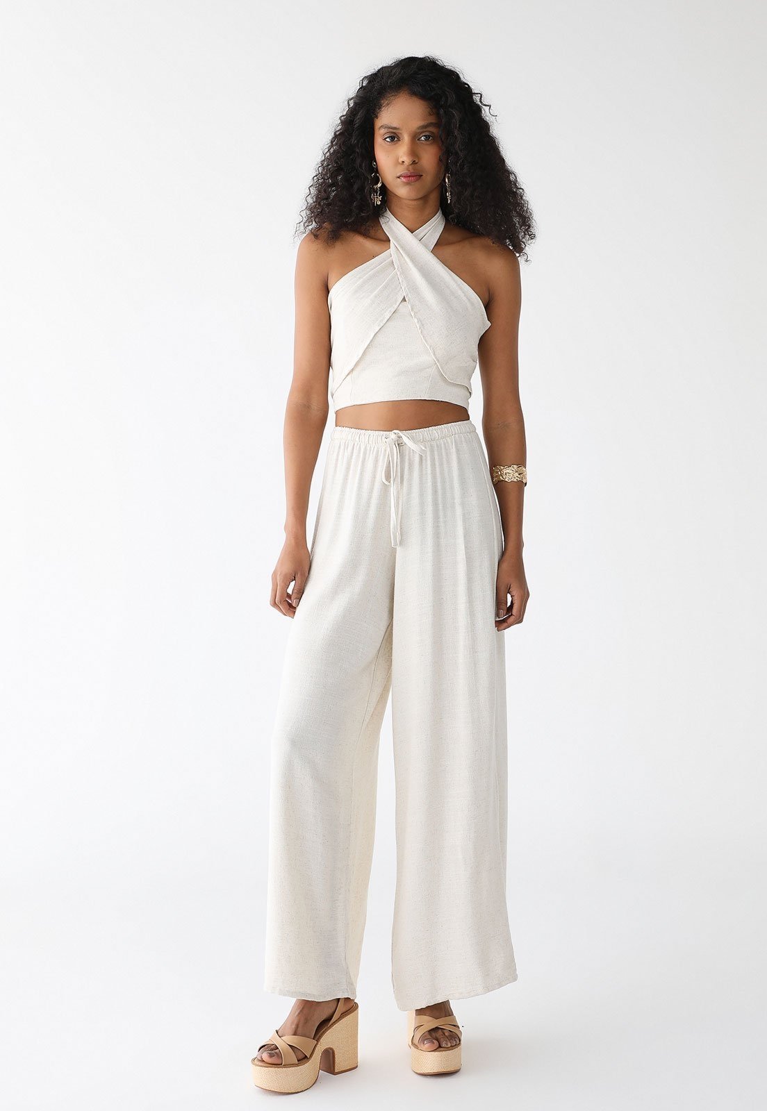 Conjunto Feminino 77VS Levosch De Linho Calça Pantalona e Cropped Transpassado Bege