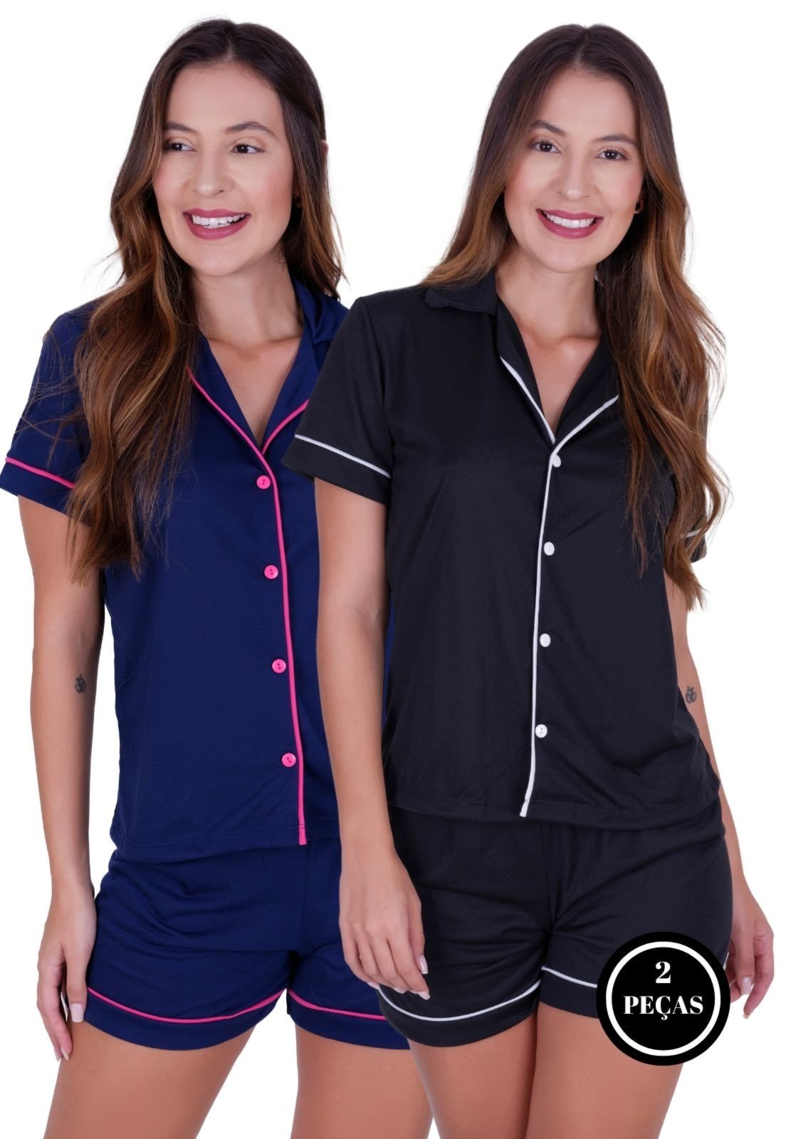 Kit 2 Pijama Americano com Gola Amamentação com Botão Feminino Terra e Mar Manga Curta Gestante Multicolorido