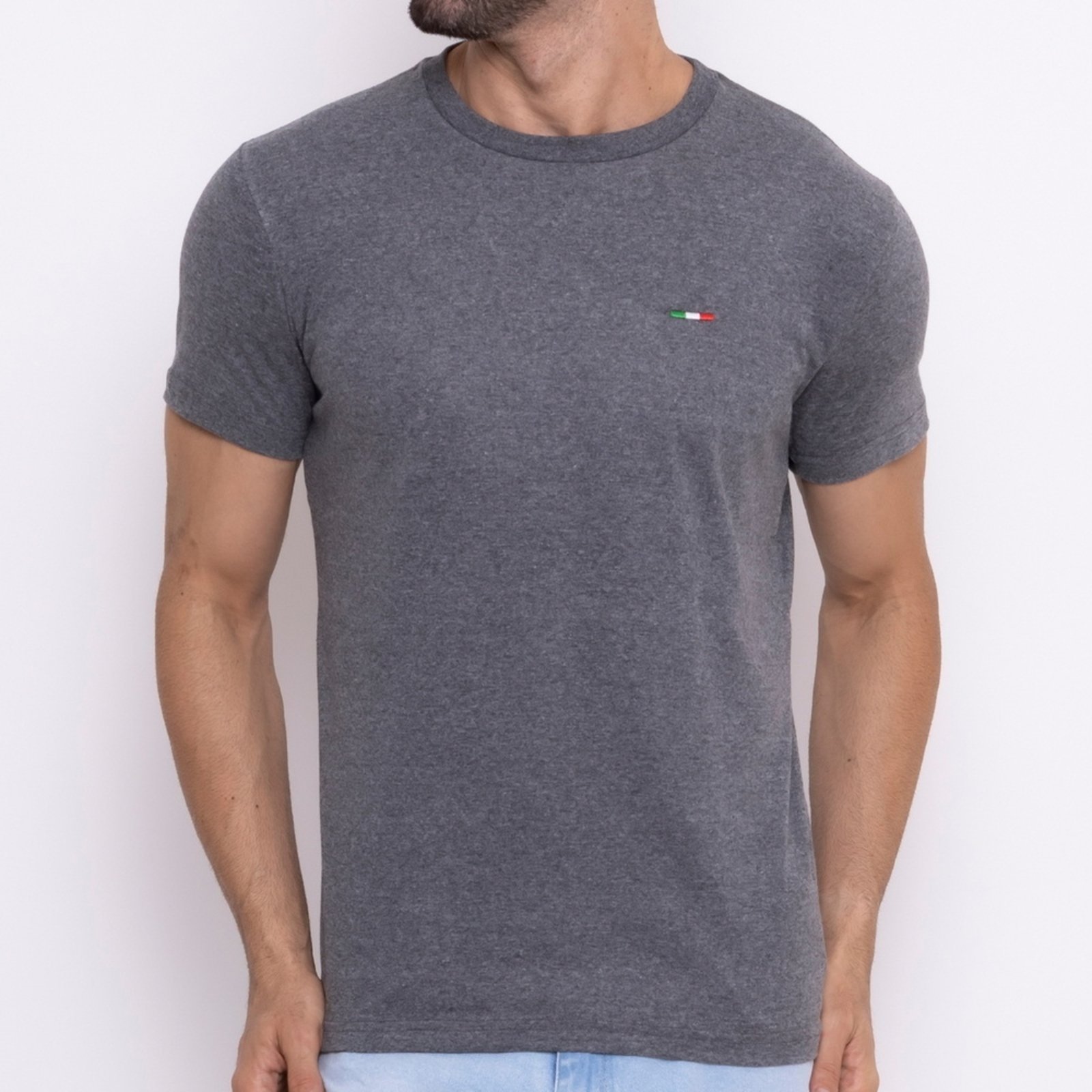 Camiseta Masculina Básica Vih Triny com Bordado no Estilo Tommy Algodão Premium Itália Chumbo