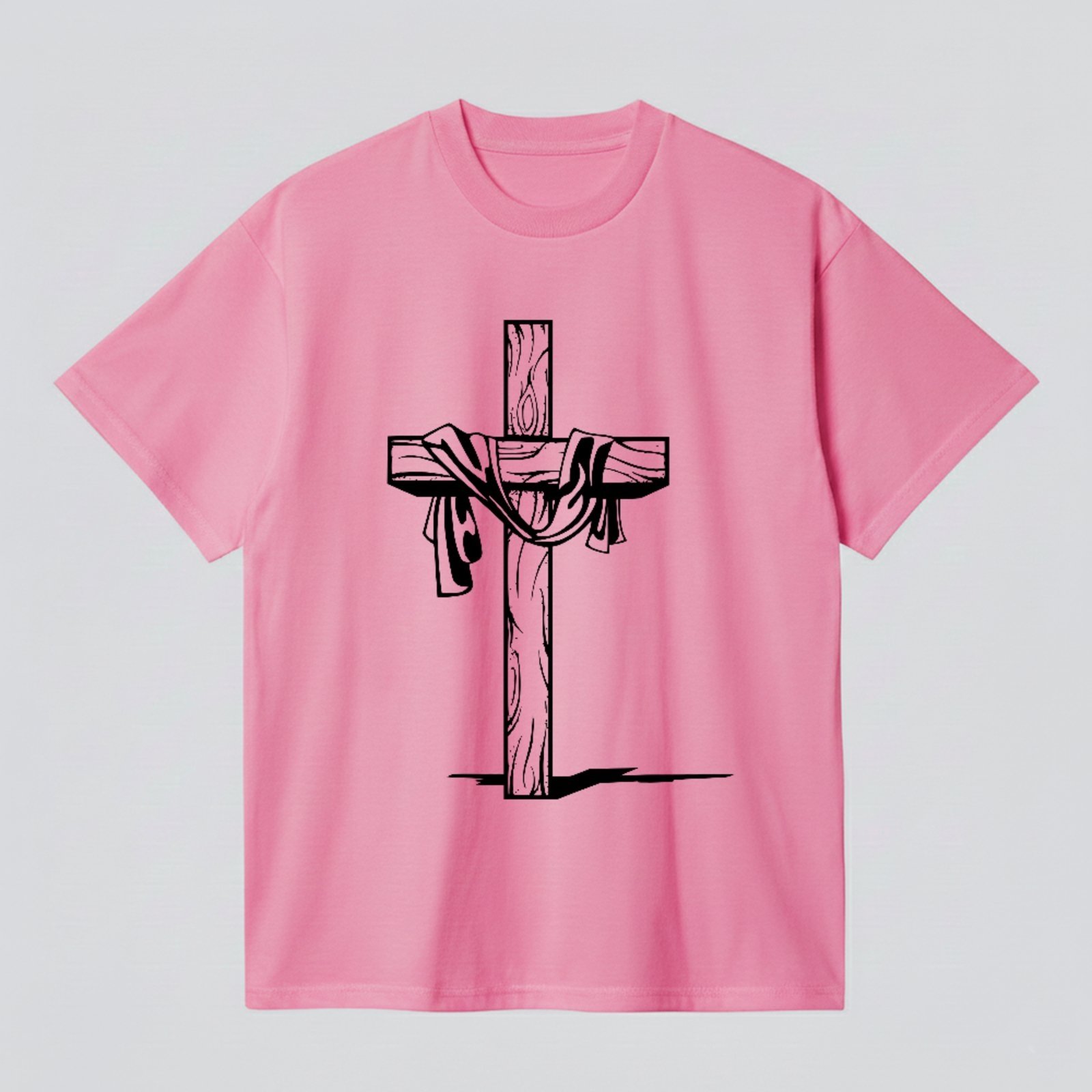 Camiseta Básica Cruz Com Manto Estilo Fé Cristã Minimalista Rosa