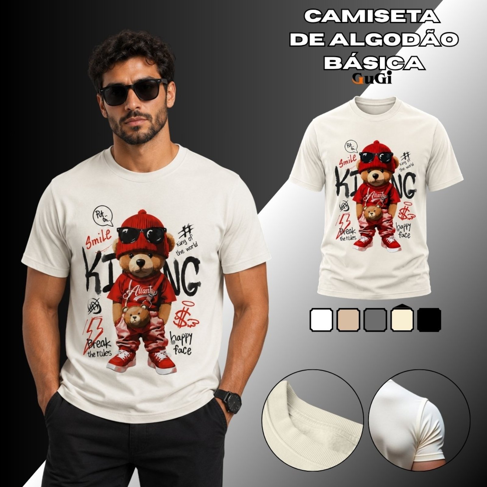 Camiseta Masculina Urso Hip Hop Street 100% Algodão 30.1 Off White