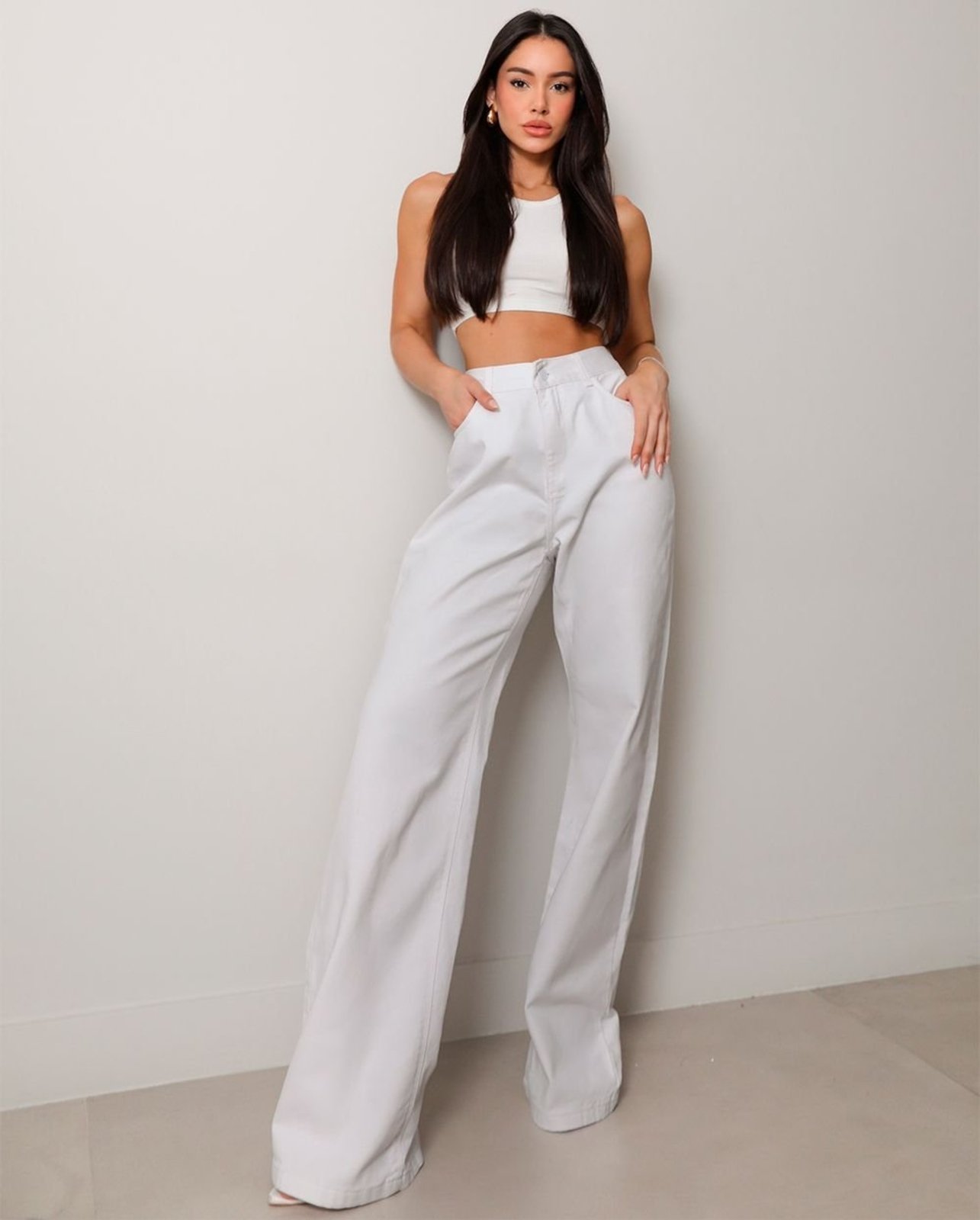 Calça Jeans Wide Leg Feminina Cintura Alta Básica Algodão 29000 Branco Consciência