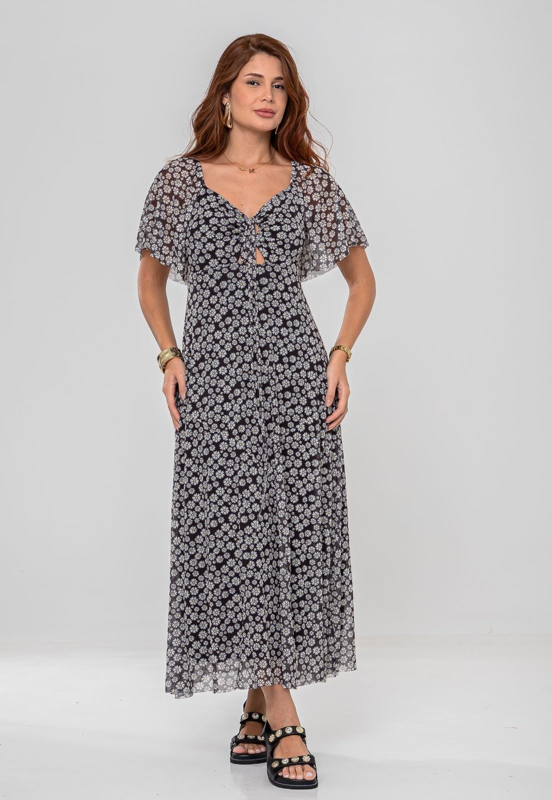Vestido Aura Fernanda Tule Margaridas Preto