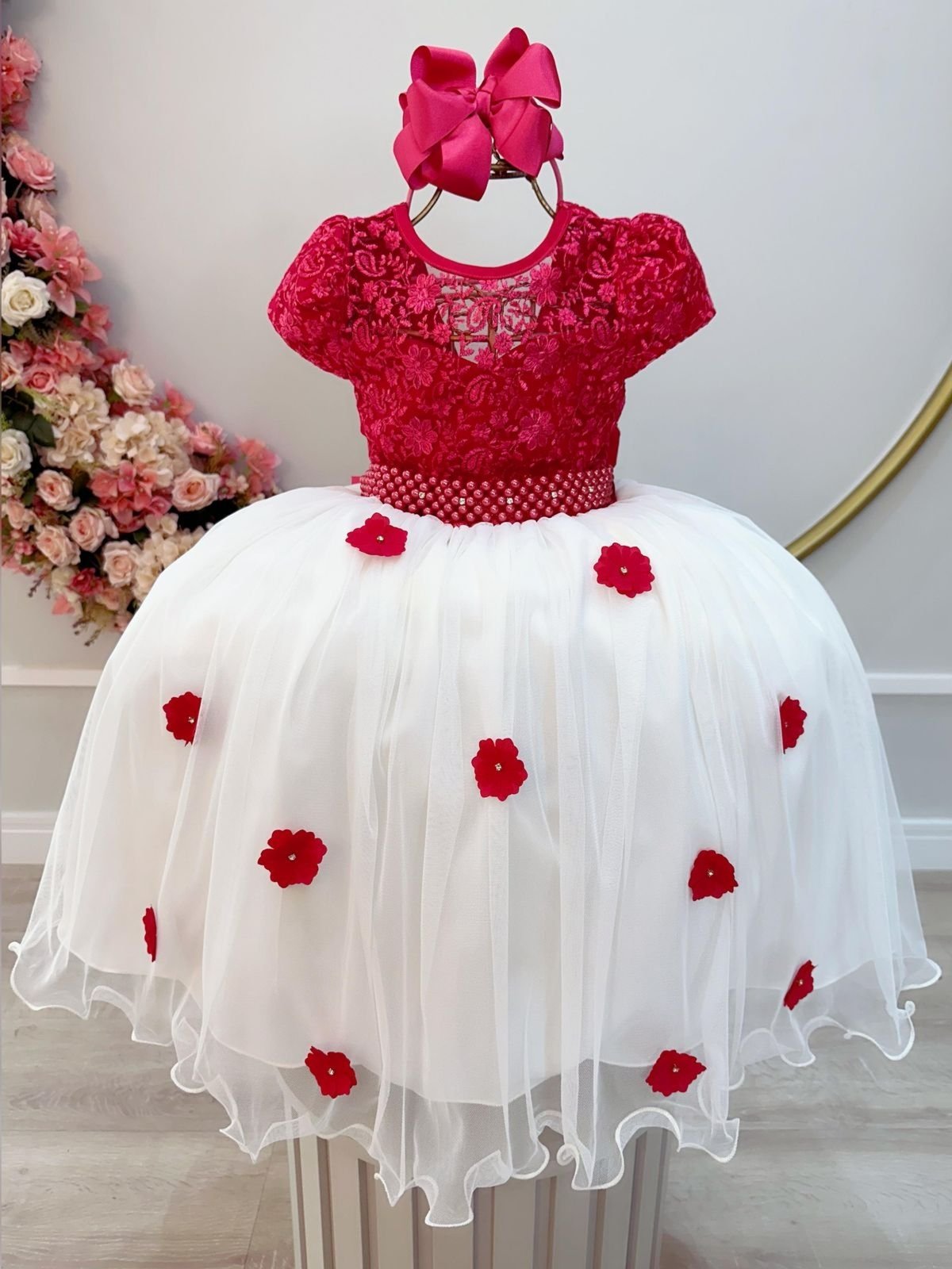 Infantil - Vestido Festa Rosa Pink Flores Renda Pérolas Formatura Casamento Dama Daminha Florista Princesa Social Rodado Aniversário Luxo Menina Juvenil