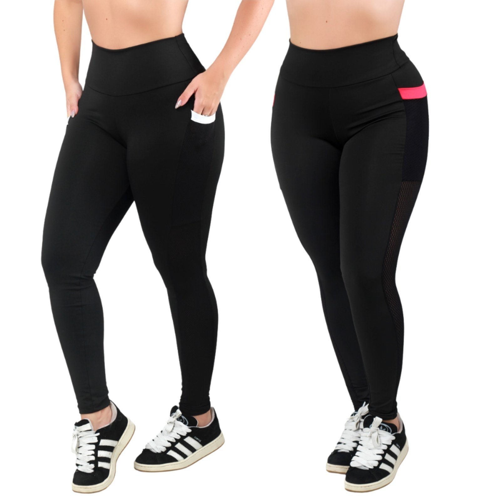 Kit 2 Calça Legging Com Bolso Reflexo Íntimo Cintura Alta Bolso Branco e Rosa