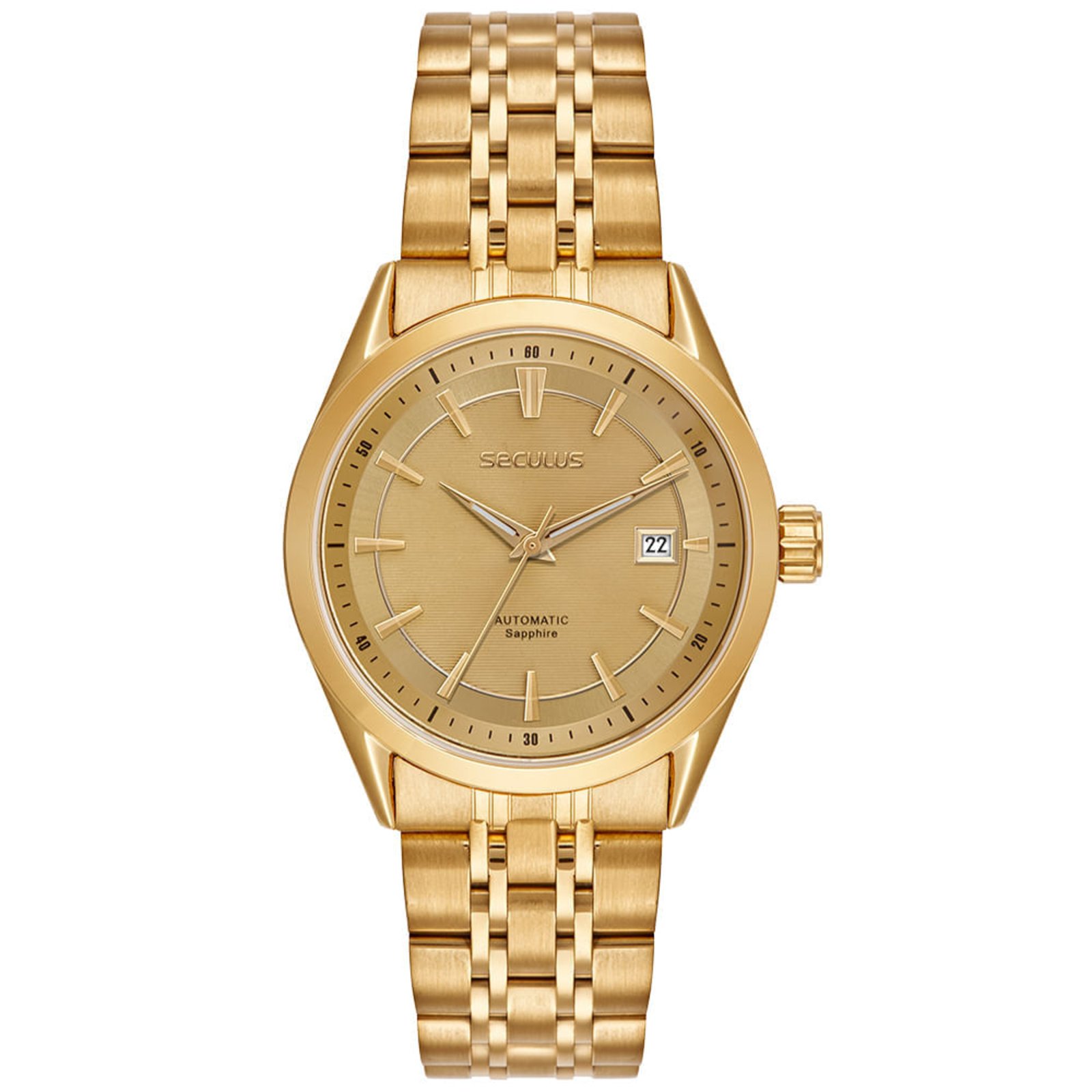 Relógio Automático Dourado Aço Calendário Index Completo Seculus