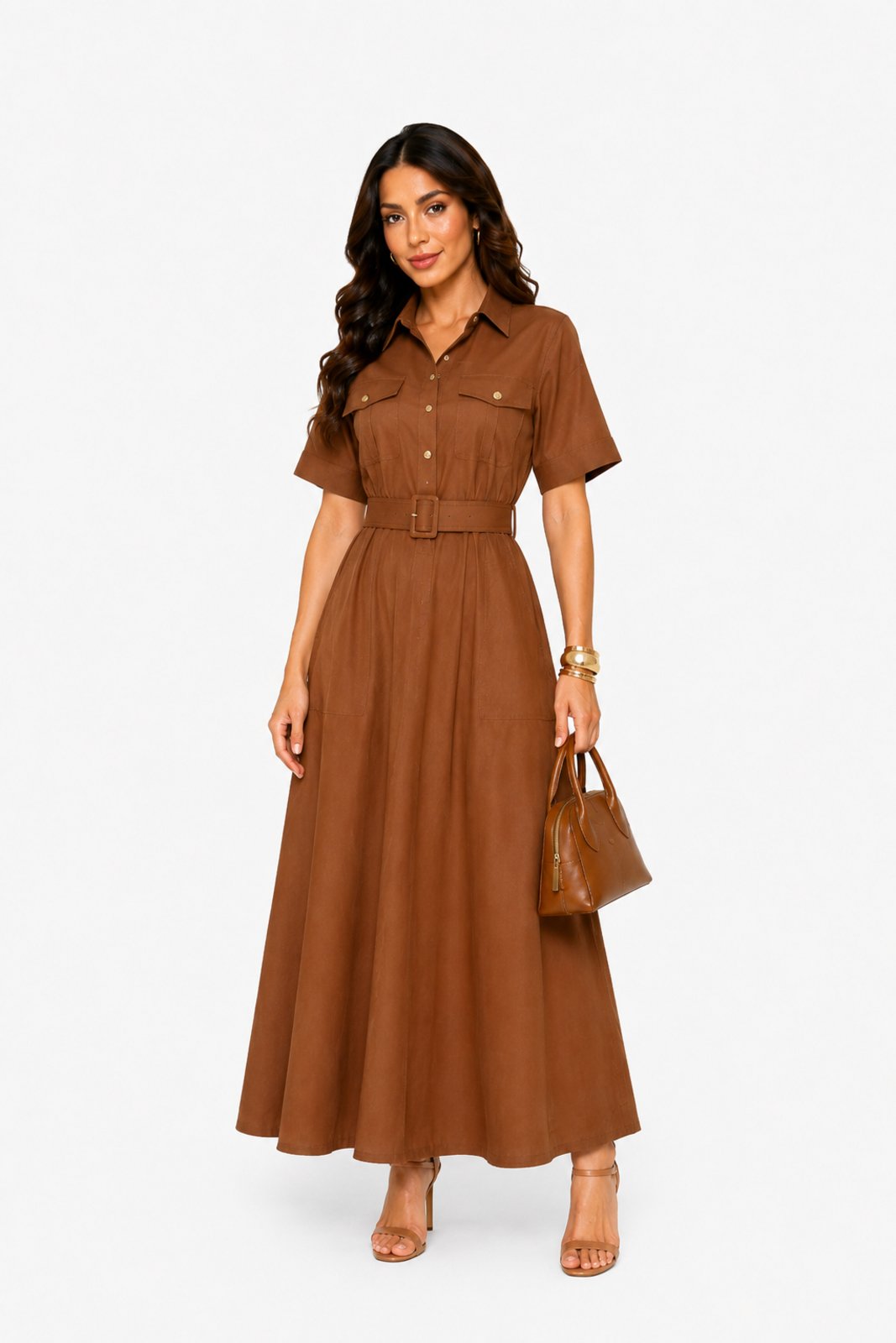 Vestido D Bell Outlet Fashion Longo Gola Marrom