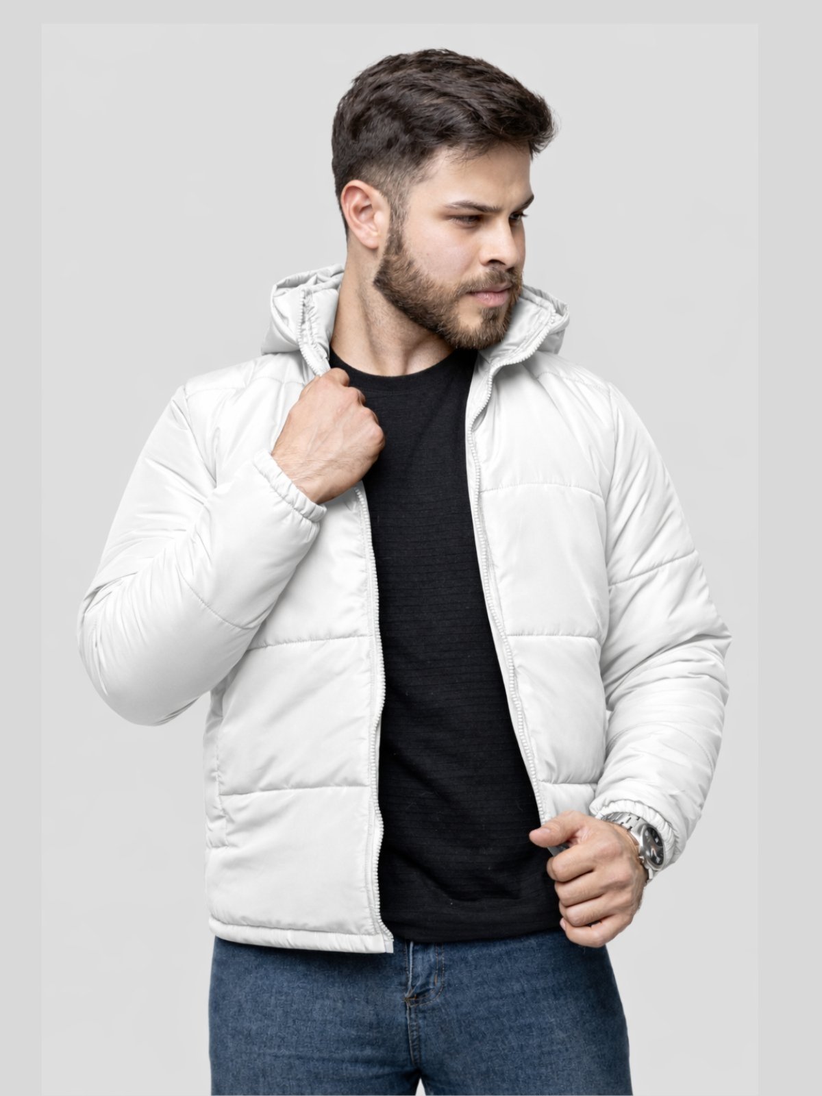 Jaqueta Puffer Bobojaco Masculina Com Capuz Removível Branco